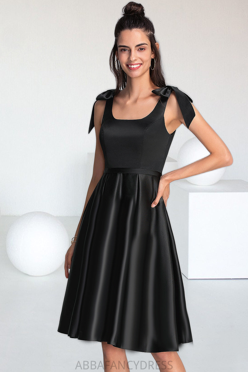 Addison A-line Square Knee-Length Satin Homecoming Dress With Bow DRP0020556