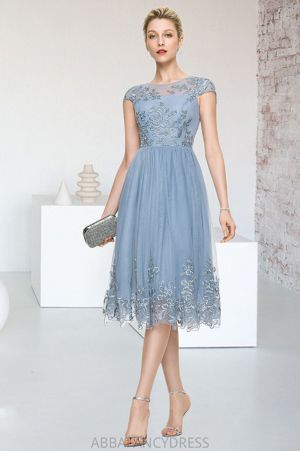 Pru A-line Scoop Knee-Length Lace Tulle Homecoming Dress With Sequins DRP0020579