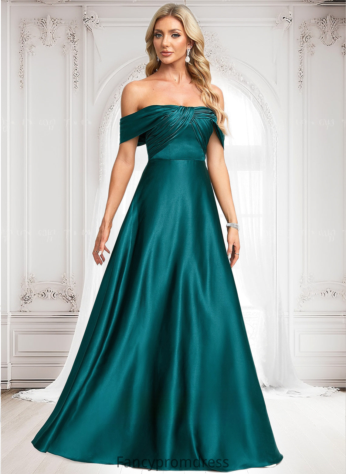 Georgia A-line Off the Shoulder Floor-Length Stretch Satin Prom Dresses DRP0025879