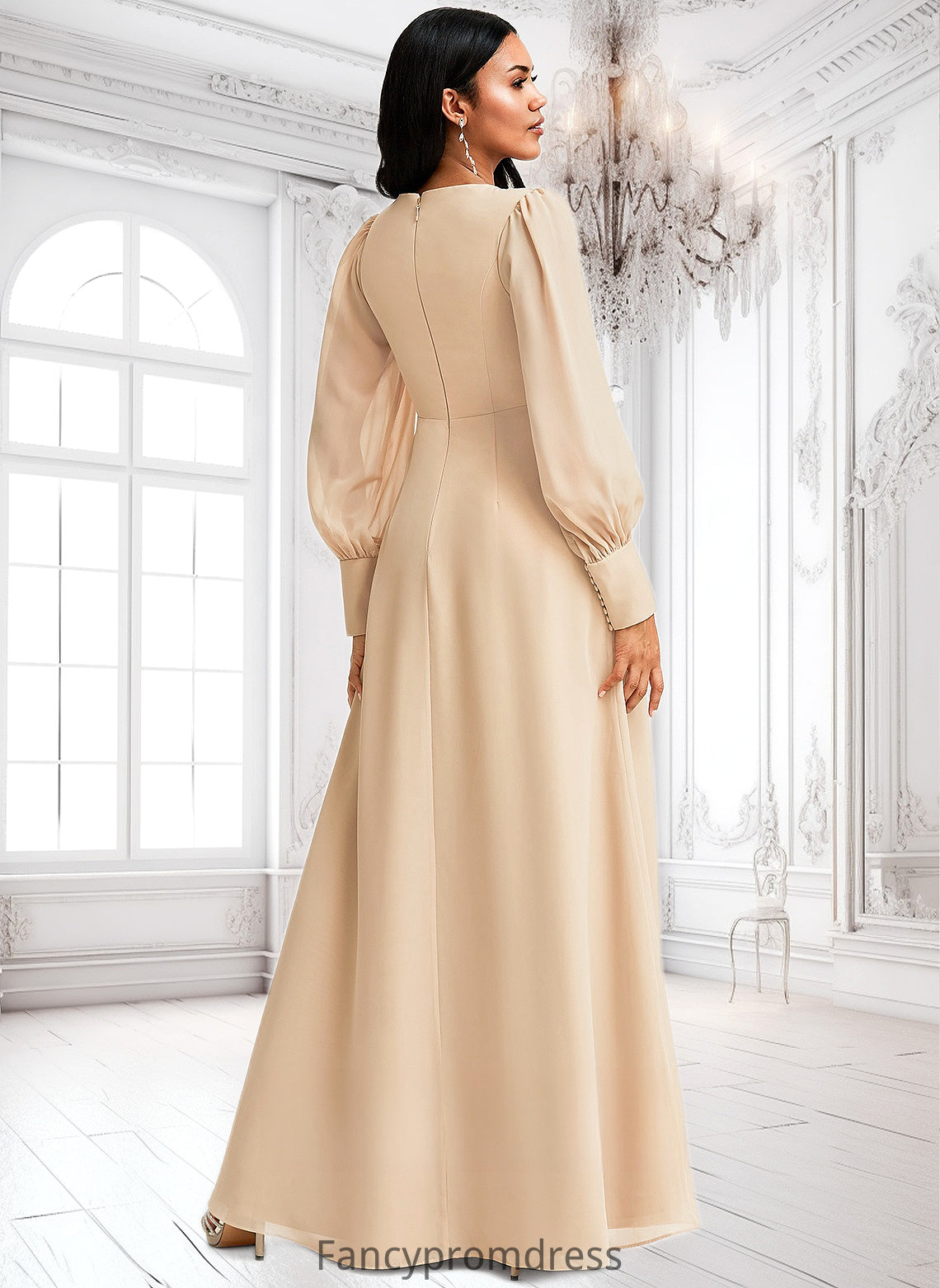 Mina A-line V-Neck Floor-Length Chiffon Bridesmaid Dress DRP0025763