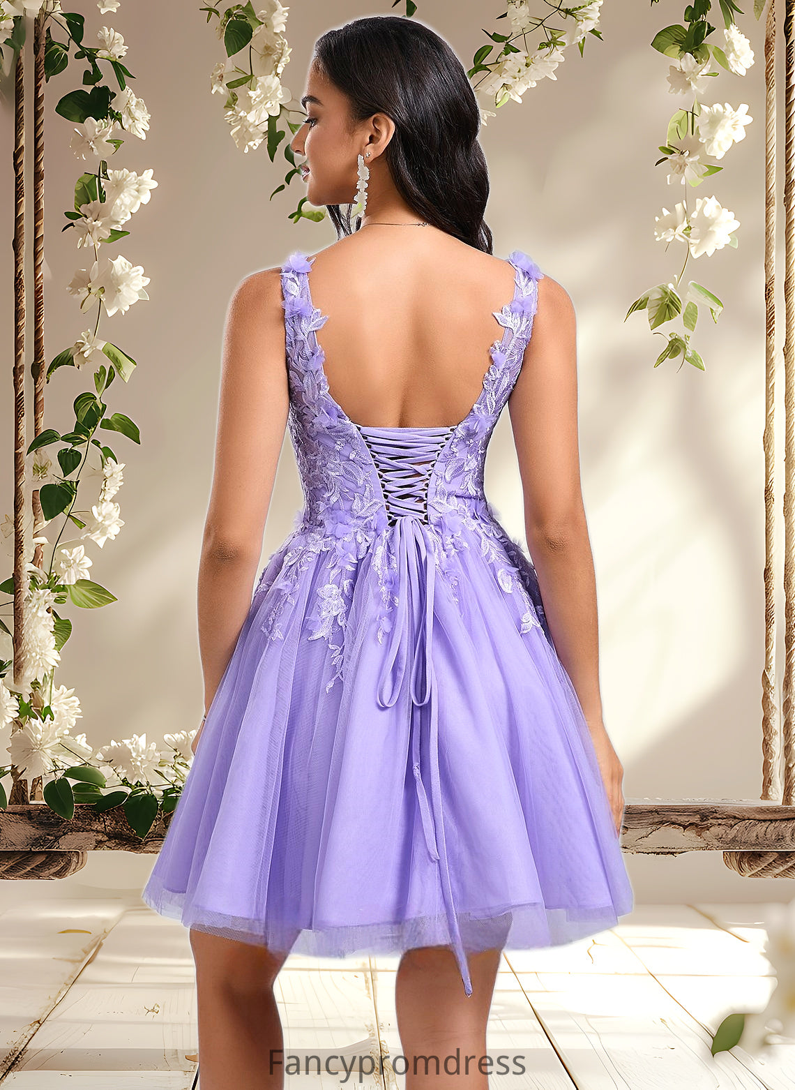 Lilith Ball-Gown/Princess V-Neck Short Lace Tulle Homecoming Dress With Flower DRP0025656