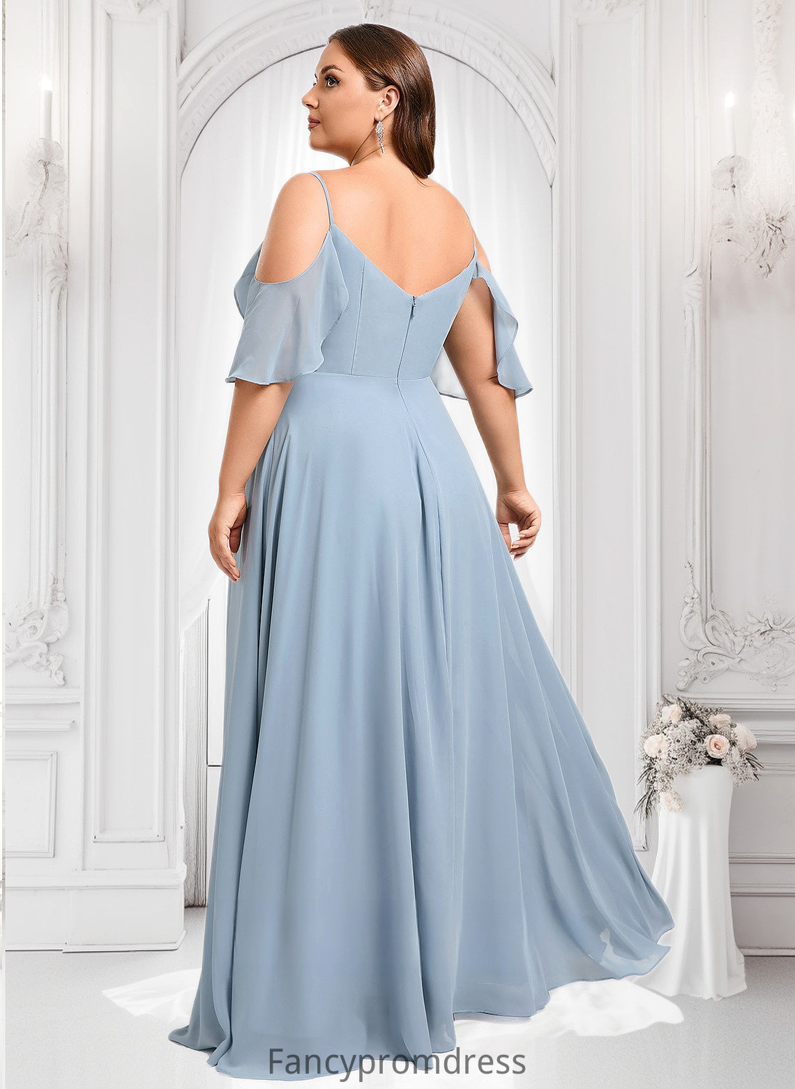 Marisa A-line Cold Shoulder Floor-Length Chiffon Bridesmaid Dress With Ruffle DRP0025797