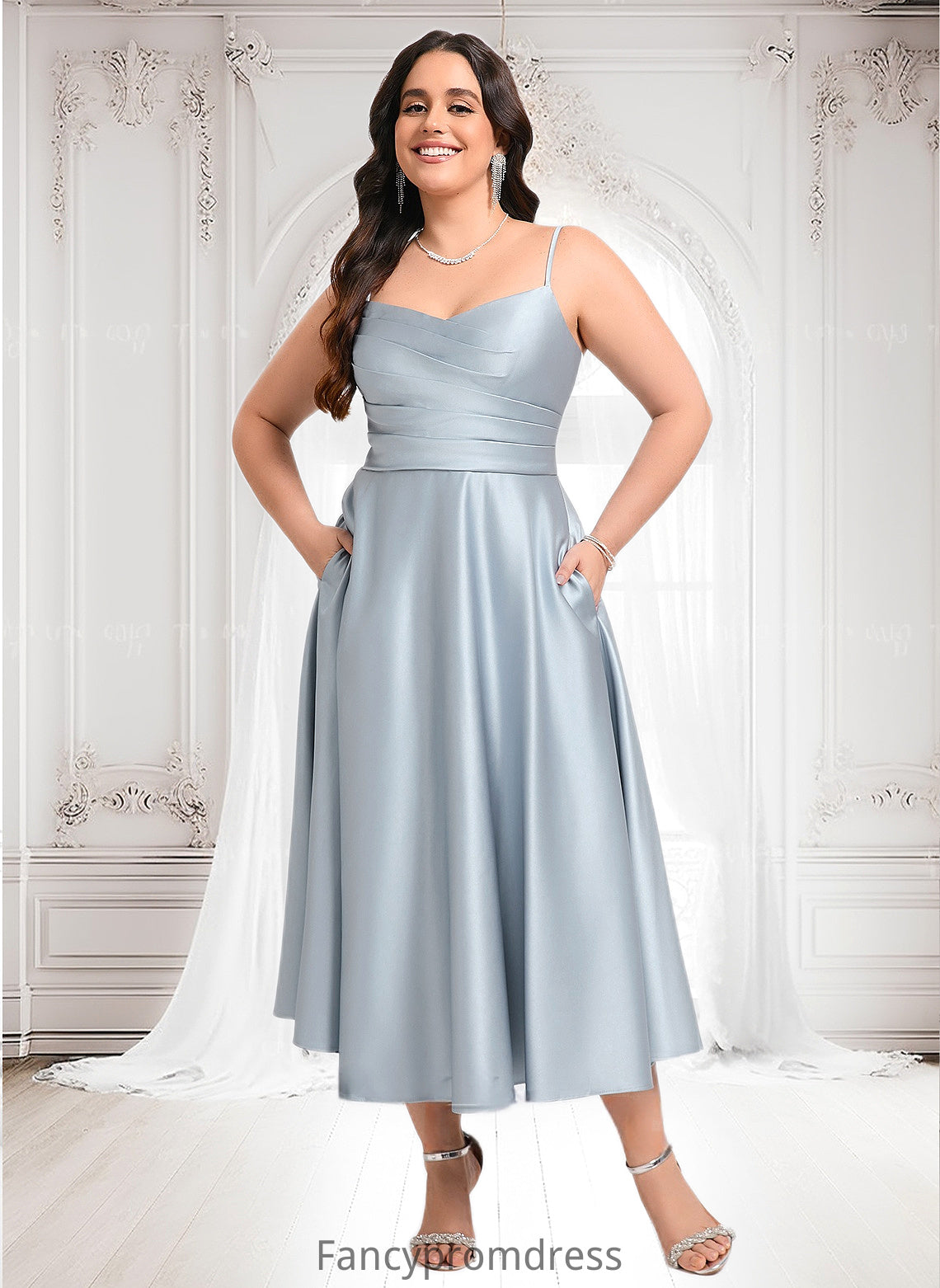 Karina A-line V-Neck Tea-Length Satin Bridesmaid Dress DRP0025794