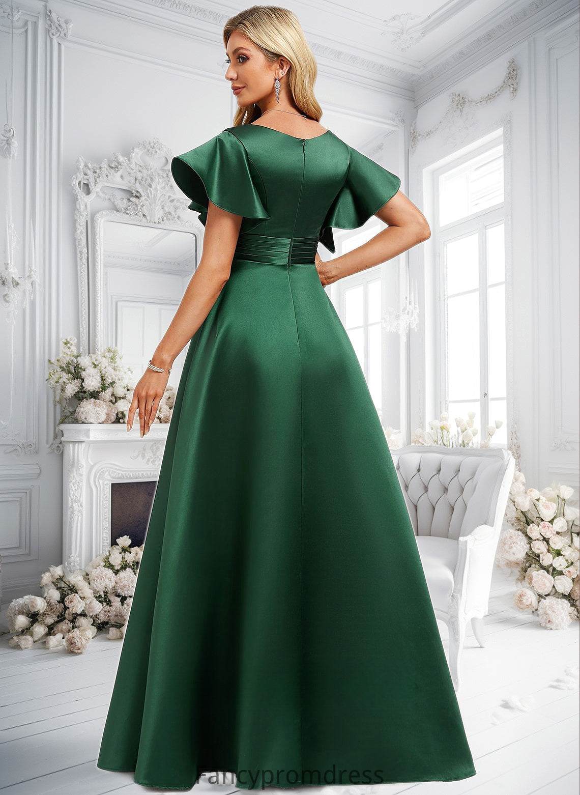 Selina A-line V-Neck Floor-Length Satin Bridesmaid Dress With Ruffle DRP0025777