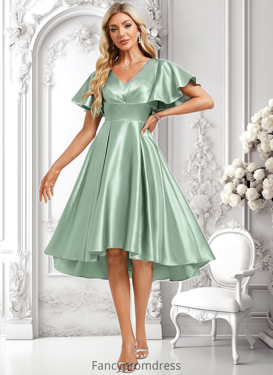 Georgia A-line V-Neck Asymmetrical Stretch Satin Bridesmaid Dress With Ruffle DRP0025772