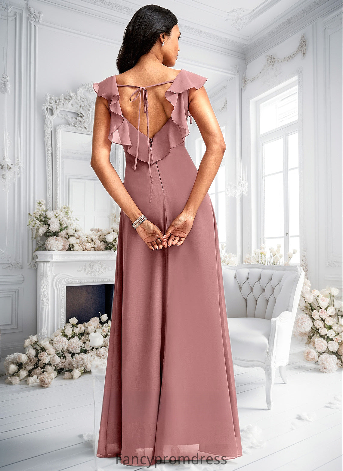 Patti A-line V-Neck Floor-Length Chiffon Bridesmaid Dress With Ruffle DRP0025751