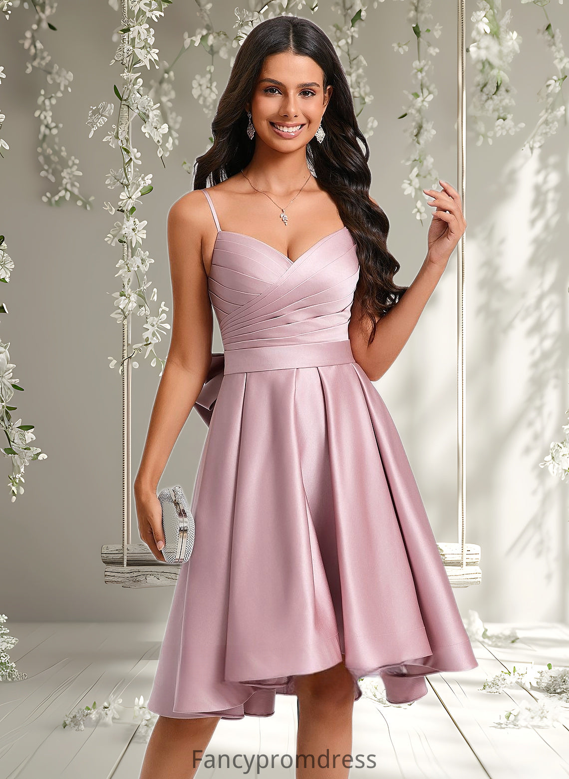 Jade A-line V-Neck Asymmetrical Satin Homecoming Dress With Bow Pleated DRP0025699