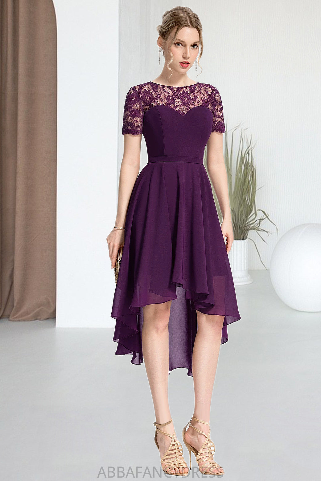 Aisha A-line Scoop Asymmetrical Chiffon Lace Homecoming Dress DRP0020587