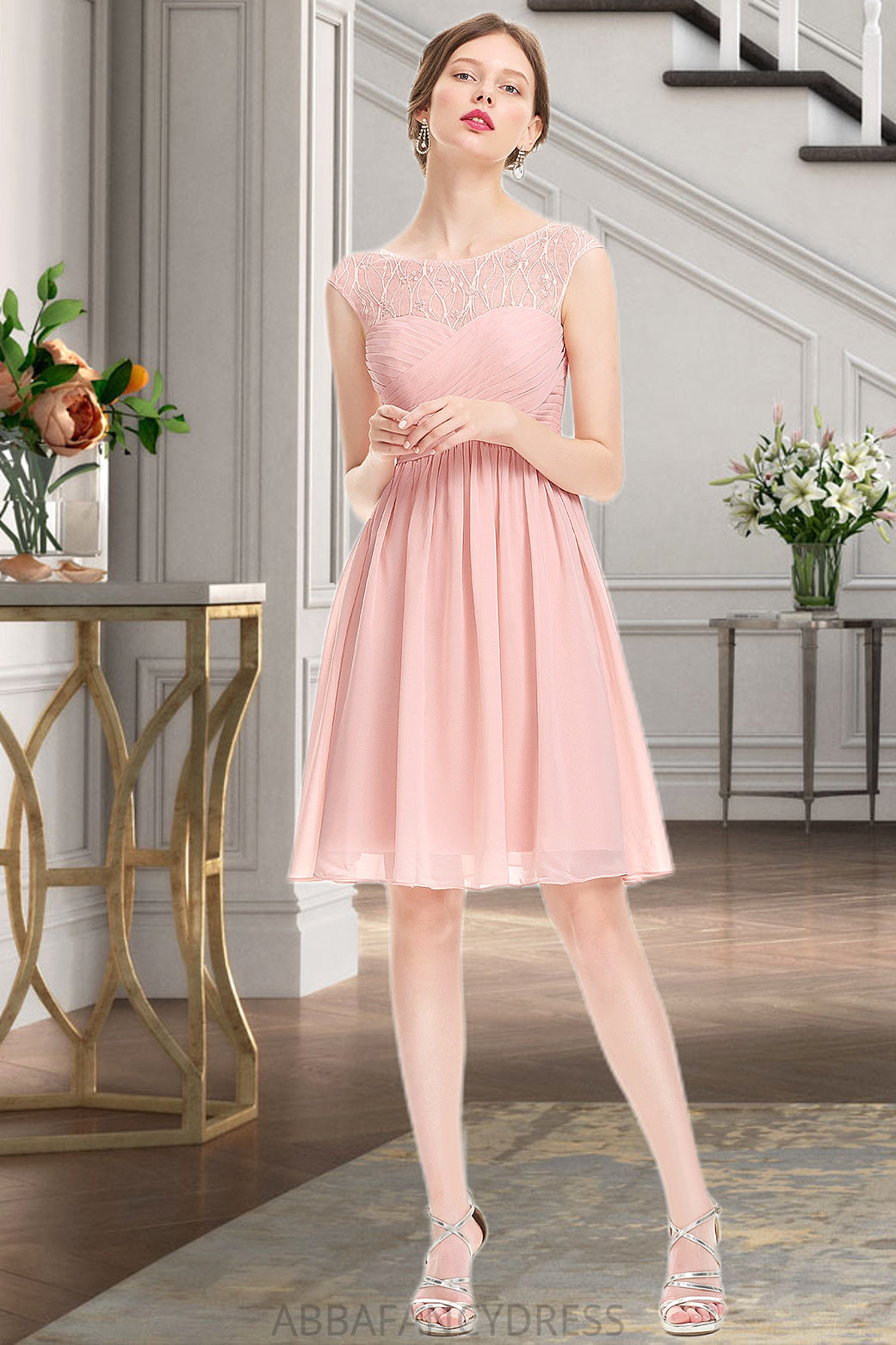 Eliza A-line Scoop Knee-Length Chiffon Tulle Homecoming Dress With Beading Ruffle DRP0020594