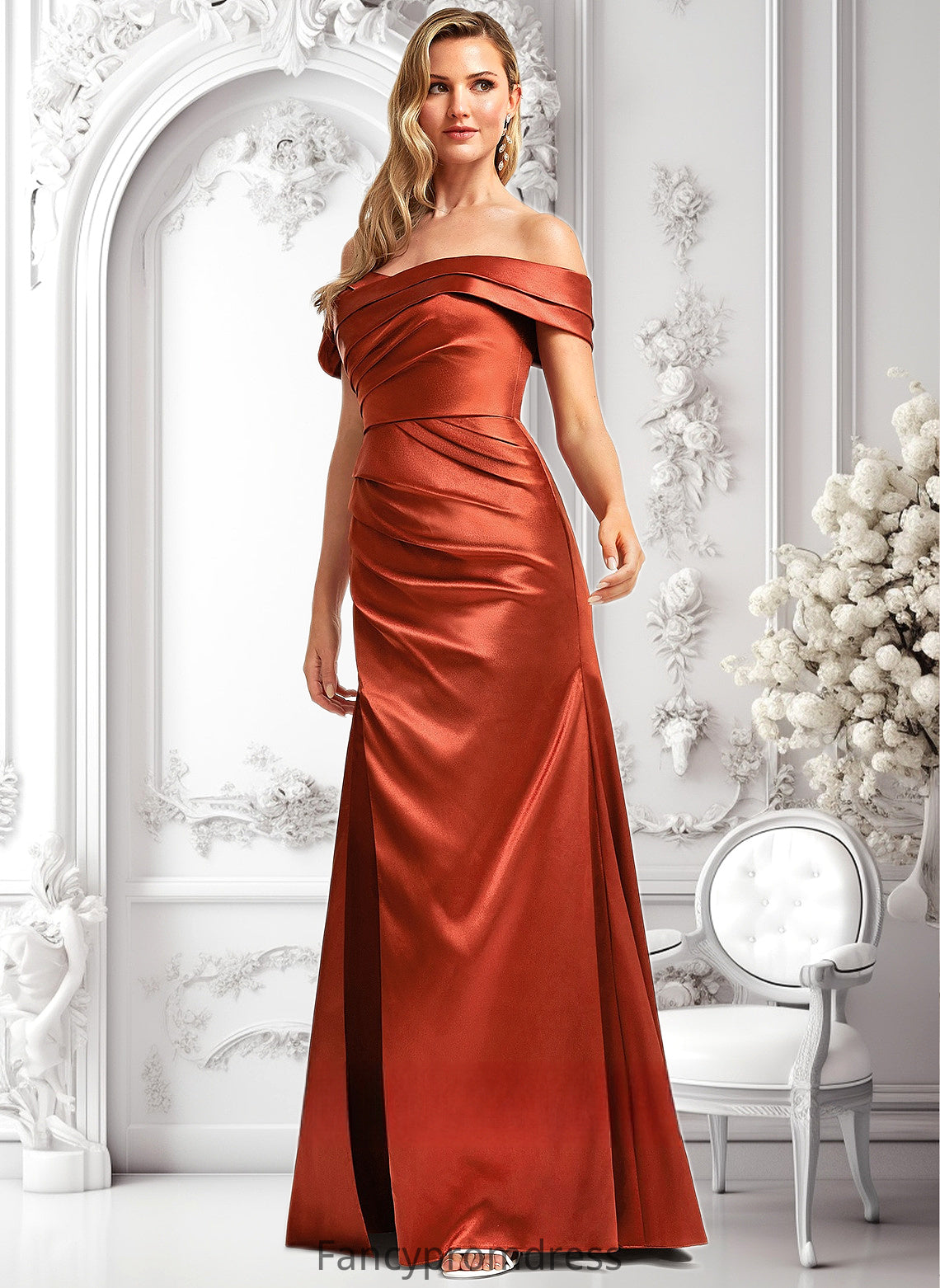 Melody A-line Off the Shoulder Floor-Length Stretch Satin Bridesmaid Dress DRP0025757