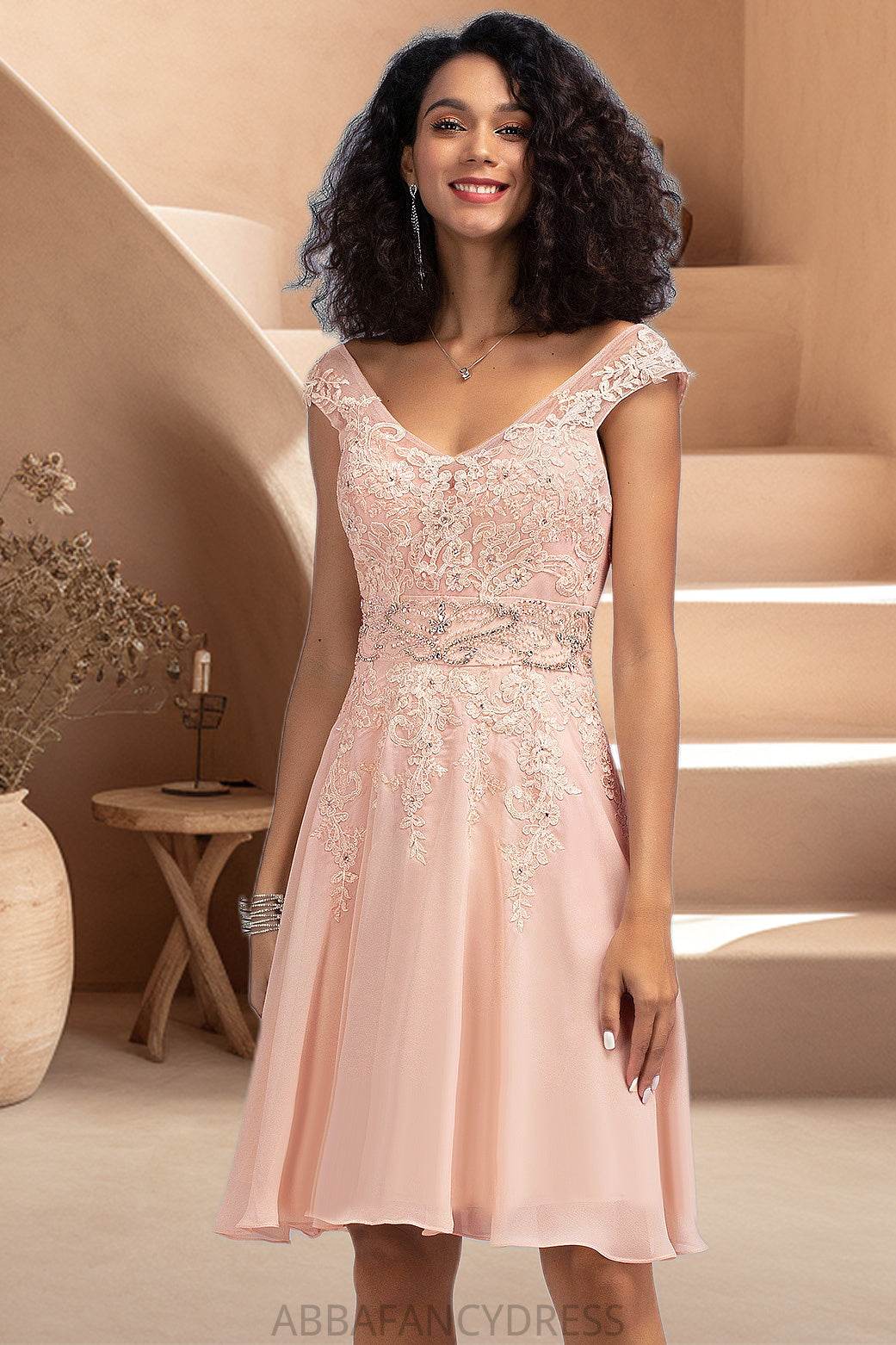 Nicola A-line V-Neck Knee-Length Chiffon Lace Homecoming Dress With Beading DRP0020565