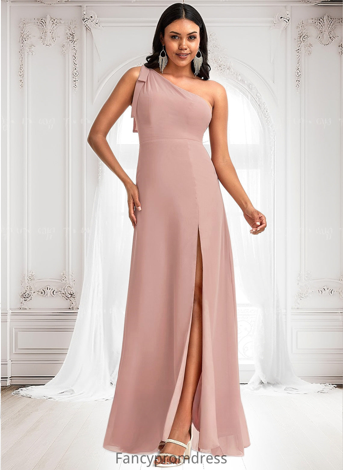 Elise A-line One Shoulder Floor-Length Chiffon Bridesmaid Dress With Bow DRP0025748