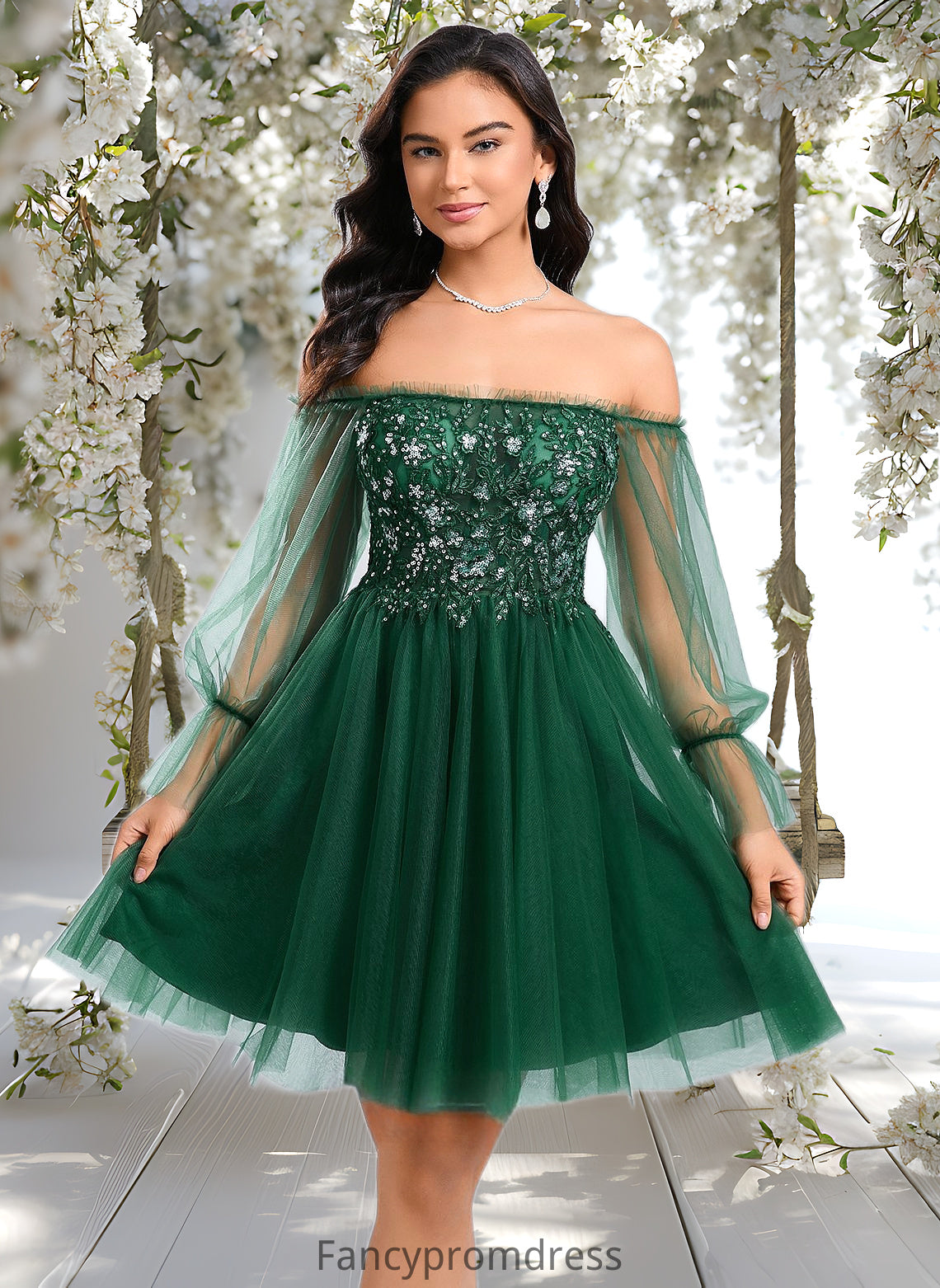 LuLu A-line Off the Shoulder Short Tulle Homecoming Dress With Sequins Appliques Lace DRP0025663