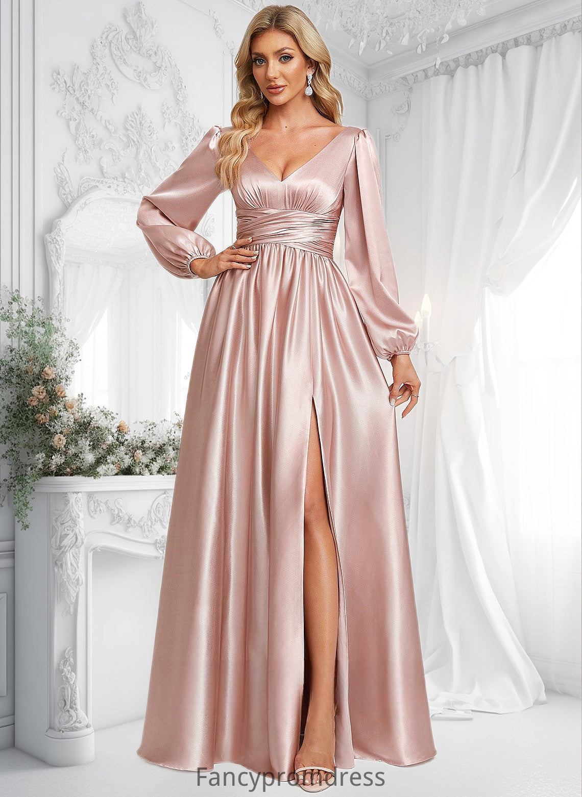 Robin A-line V-Neck Floor-Length Stretch Satin Prom Dresses DRP0025880