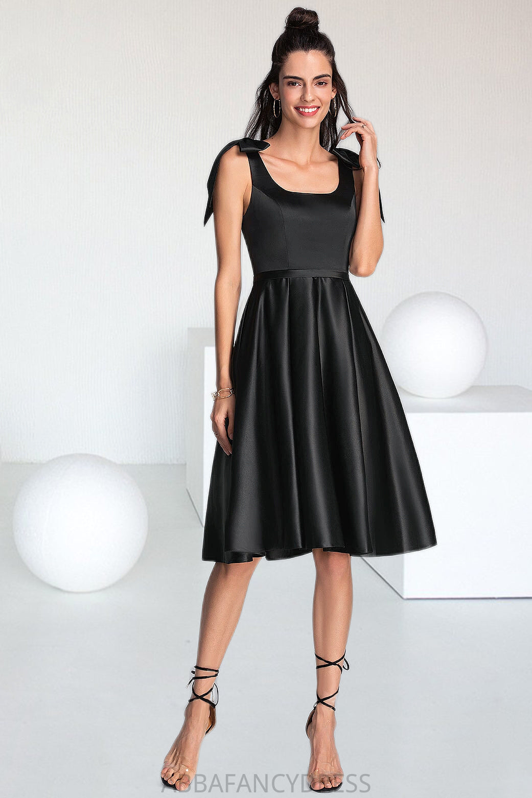 Addison A-line Square Knee-Length Satin Homecoming Dress With Bow DRP0020556