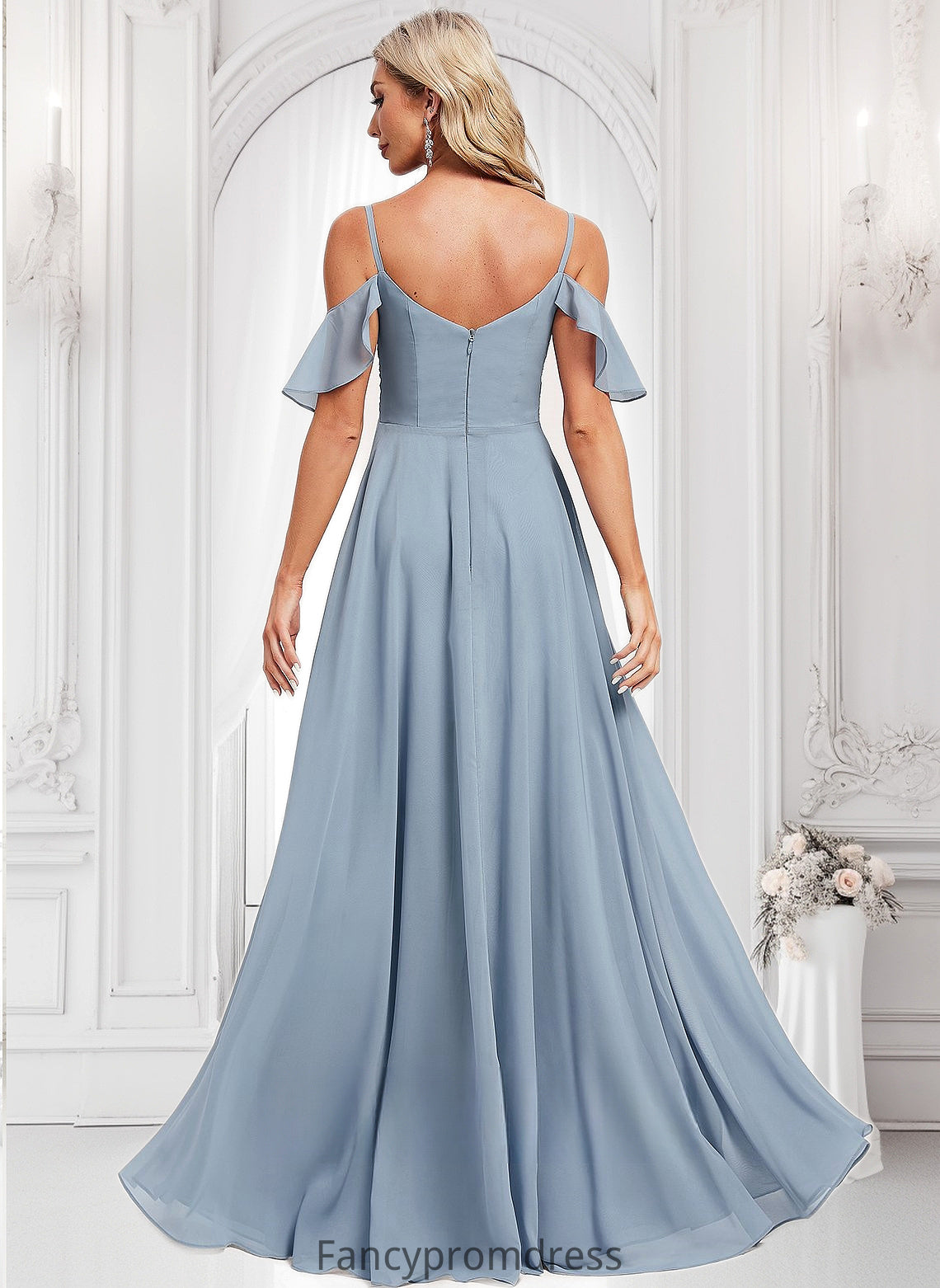 Marisa A-line Cold Shoulder Floor-Length Chiffon Bridesmaid Dress With Ruffle DRP0025797