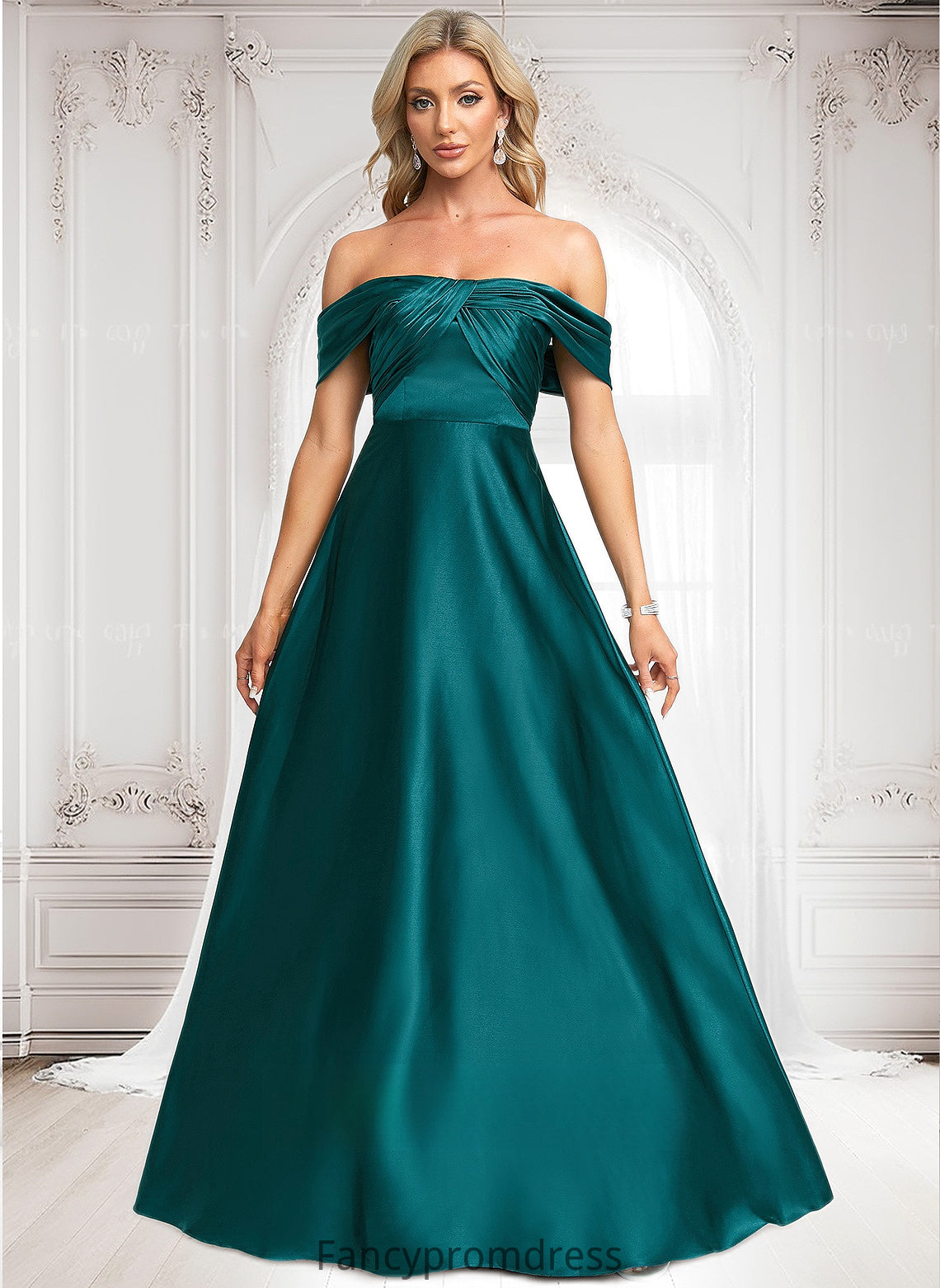 Georgia A-line Off the Shoulder Floor-Length Stretch Satin Prom Dresses DRP0025879