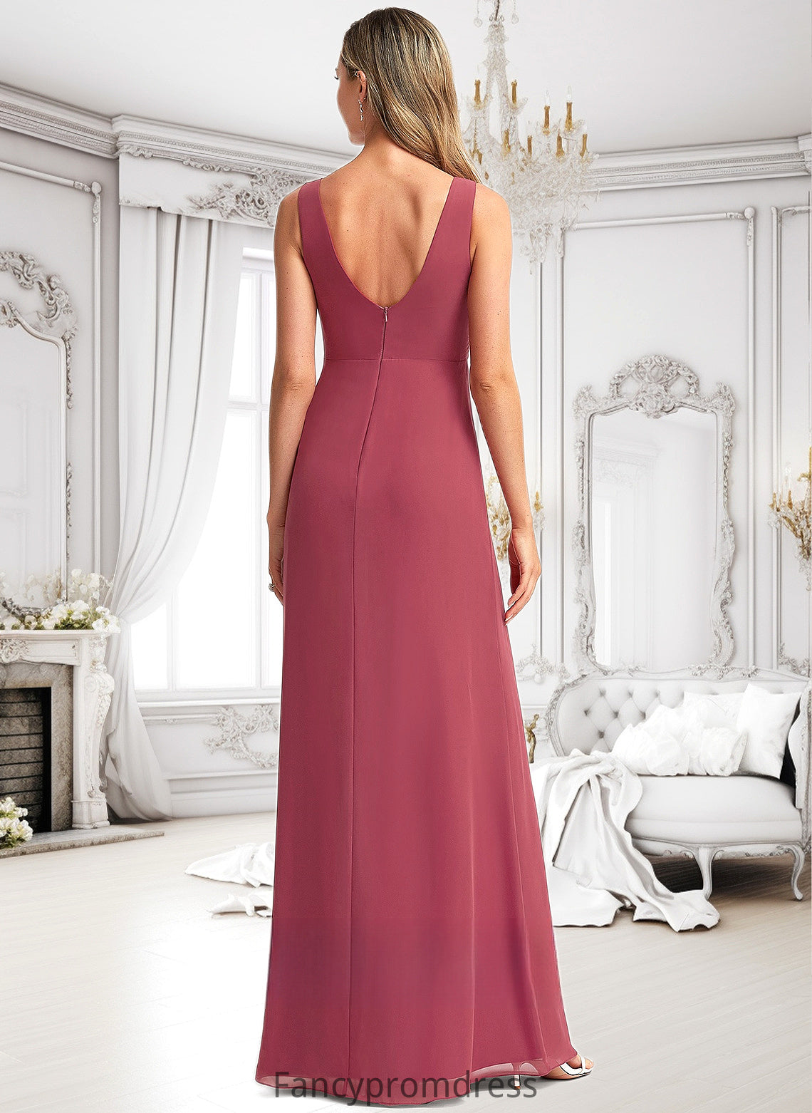 Martina A-line V-Neck Floor-Length Chiffon Bridesmaid Dress DRP0025753