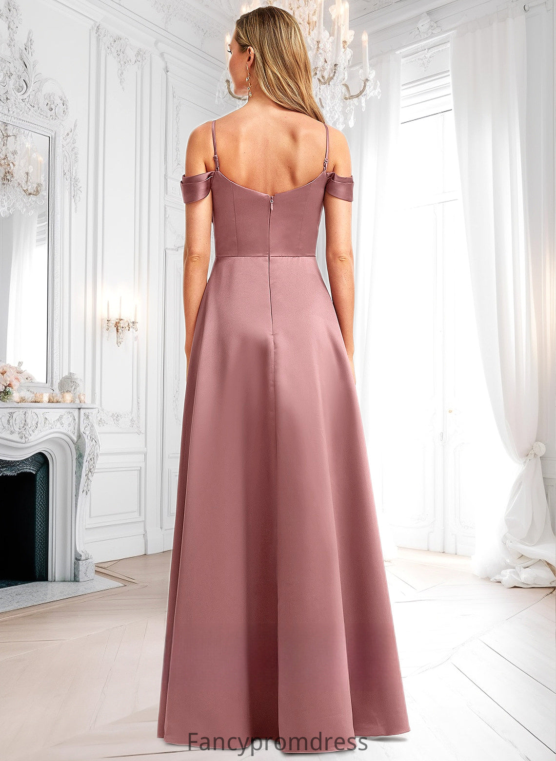 Kayden A-line Cold Shoulder Floor-Length Satin Bridesmaid Dress DRP0025750