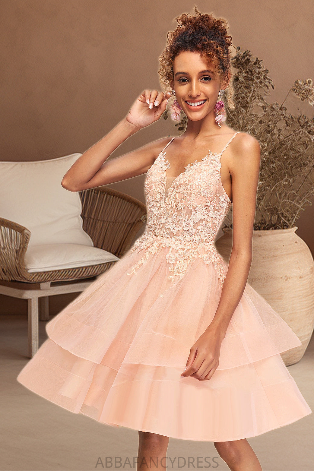 Deja A-line V-Neck Short/Mini Lace Tulle Homecoming Dress DRP0020524