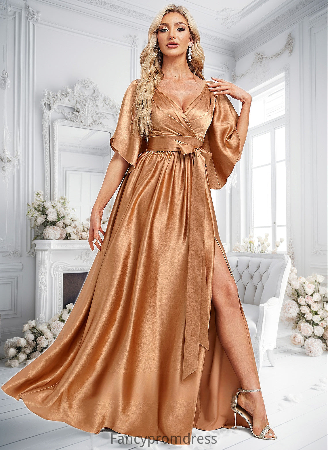 Angeline A-line V-Neck Floor-Length Stretch Satin Bridesmaid Dress DRP0025793