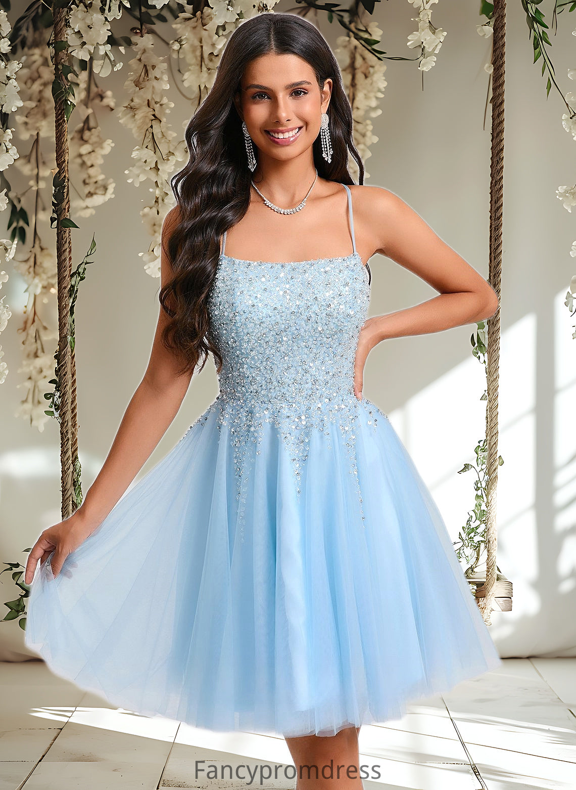 Mildred A-line Scoop Short Tulle Sequin Homecoming Dress With Sequins Beading DRP0025706