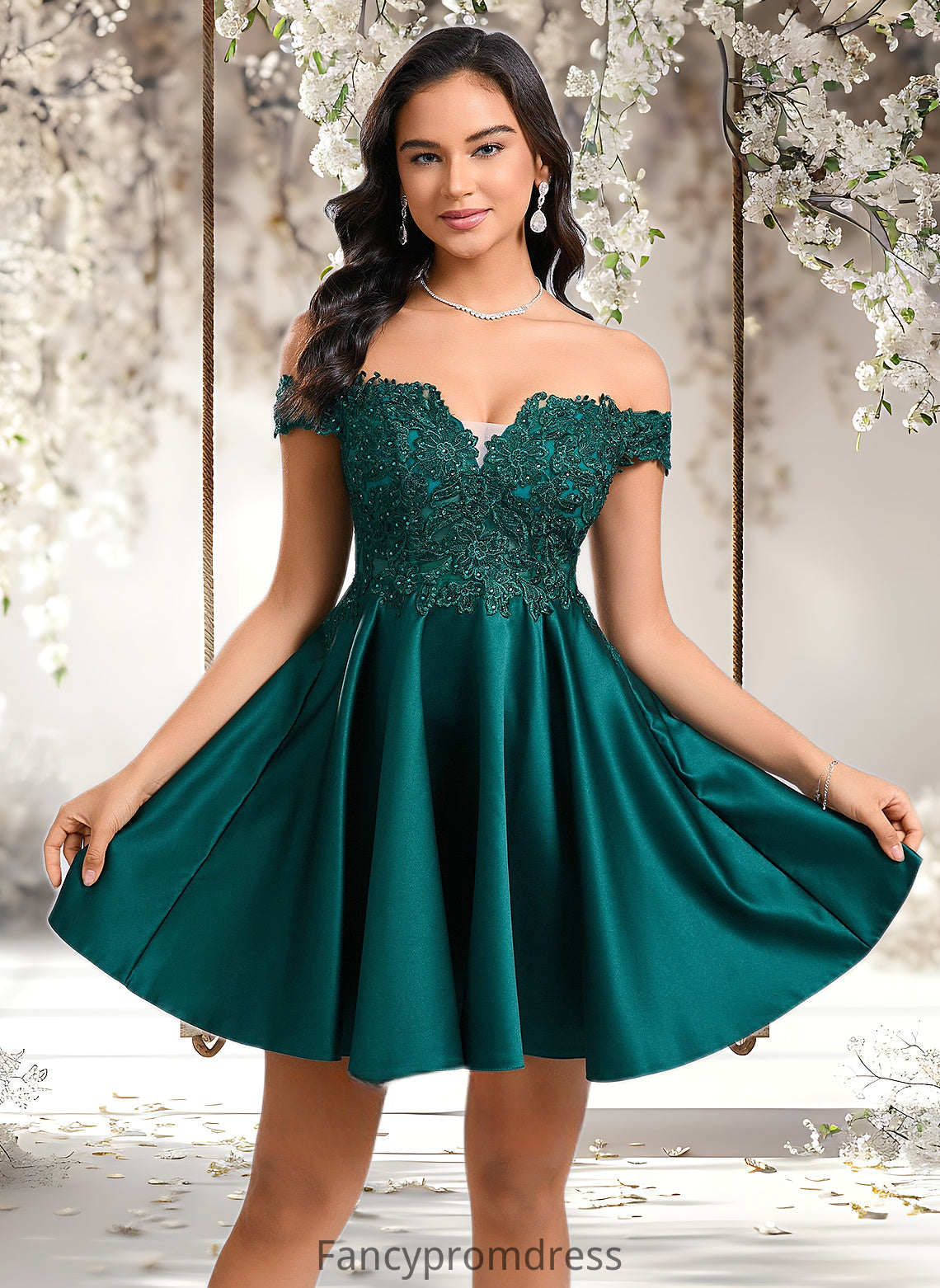 Nell A-line Off the Shoulder Short Lace Satin Homecoming Dress With Rhinestone DRP0025718