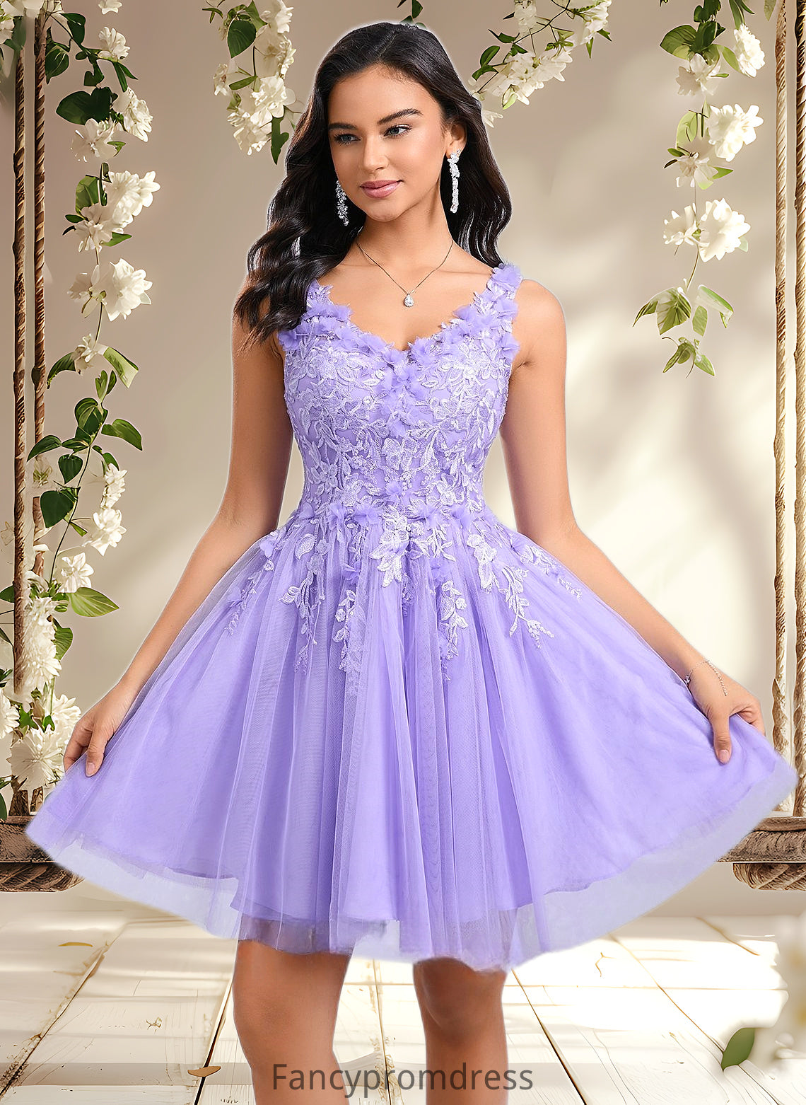 Lilith Ball-Gown/Princess V-Neck Short Lace Tulle Homecoming Dress With Flower DRP0025656