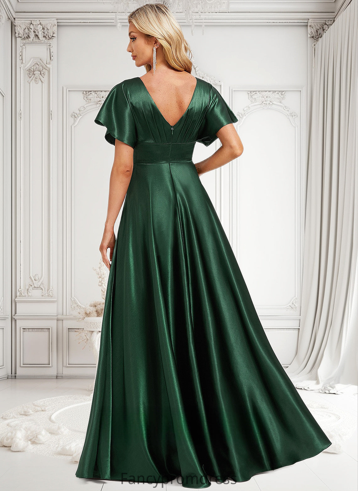 Nathalia A-line V-Neck Floor-Length Stretch Satin Bridesmaid Dress DRP0025782