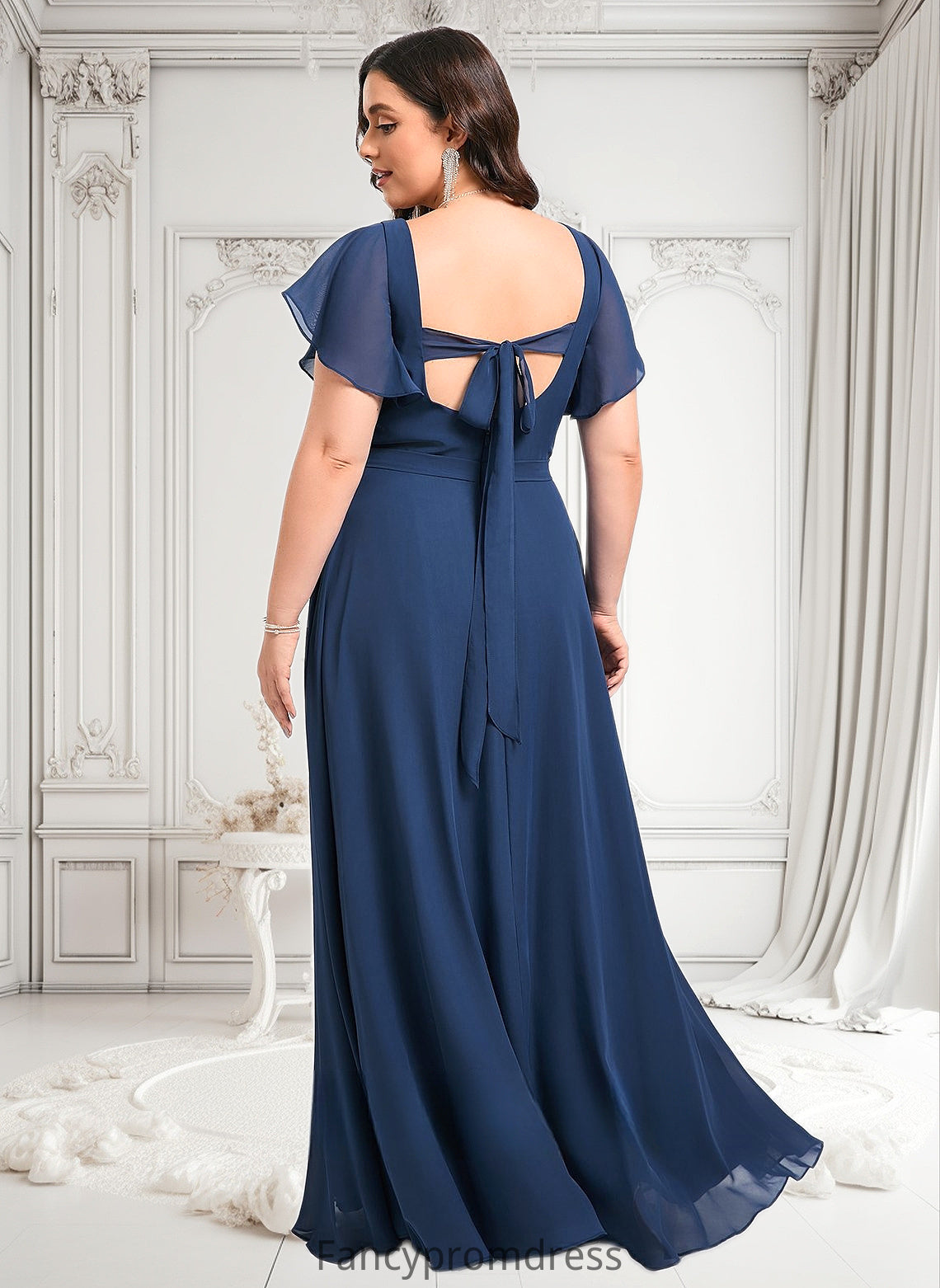 Liana A-line V-Neck Floor-Length Chiffon Bridesmaid Dress With Ruffle DRP0025802