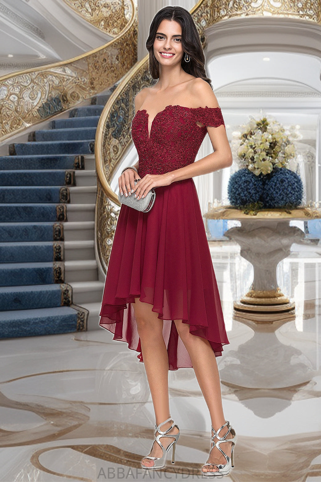 Olive A-line Off the Shoulder Asymmetrical Chiffon Homecoming Dress With Beading DRP0020582