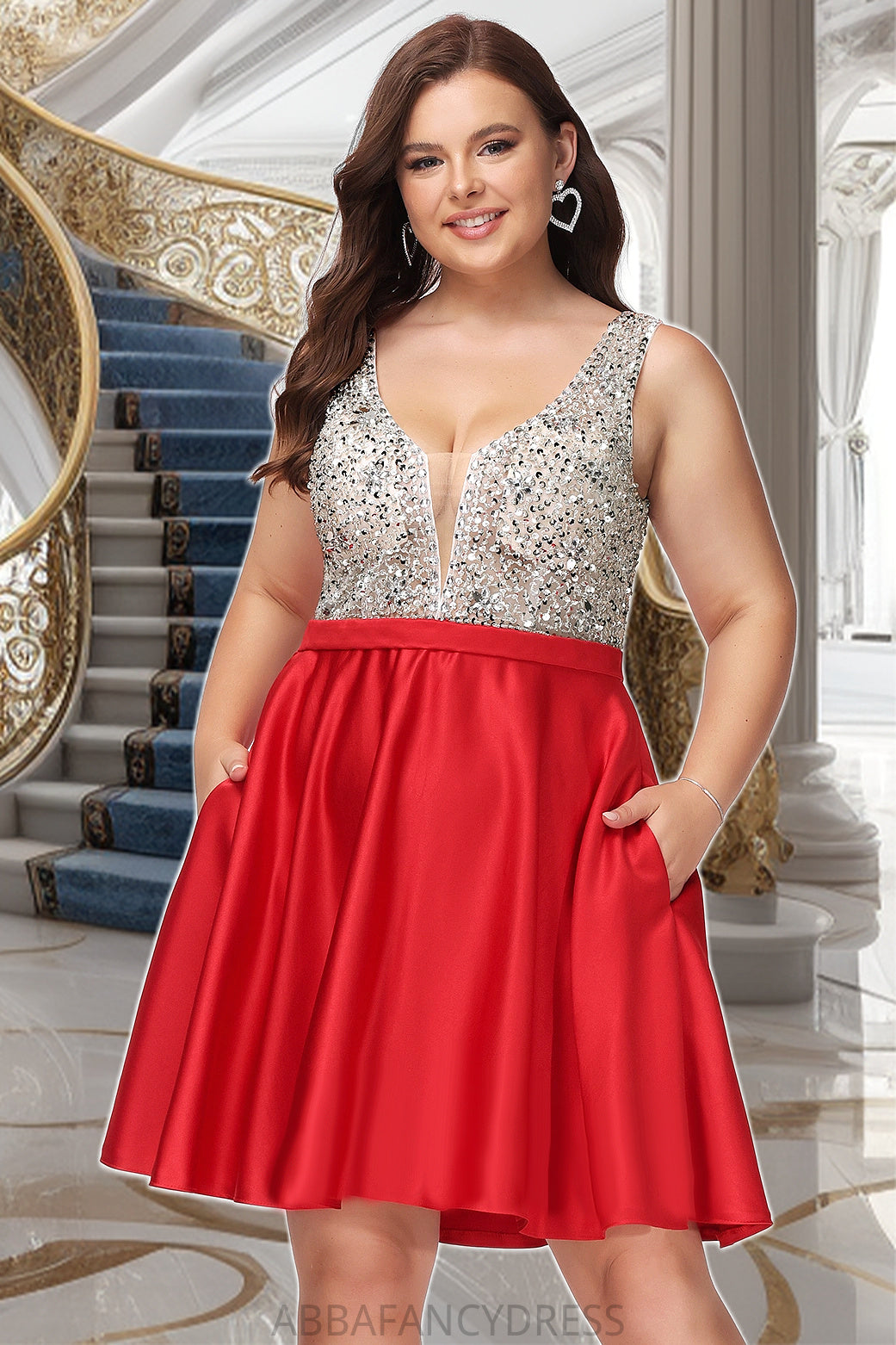 Brenda A-line V-Neck Short/Mini Satin Homecoming Dress With Beading Sequins DRP0020569