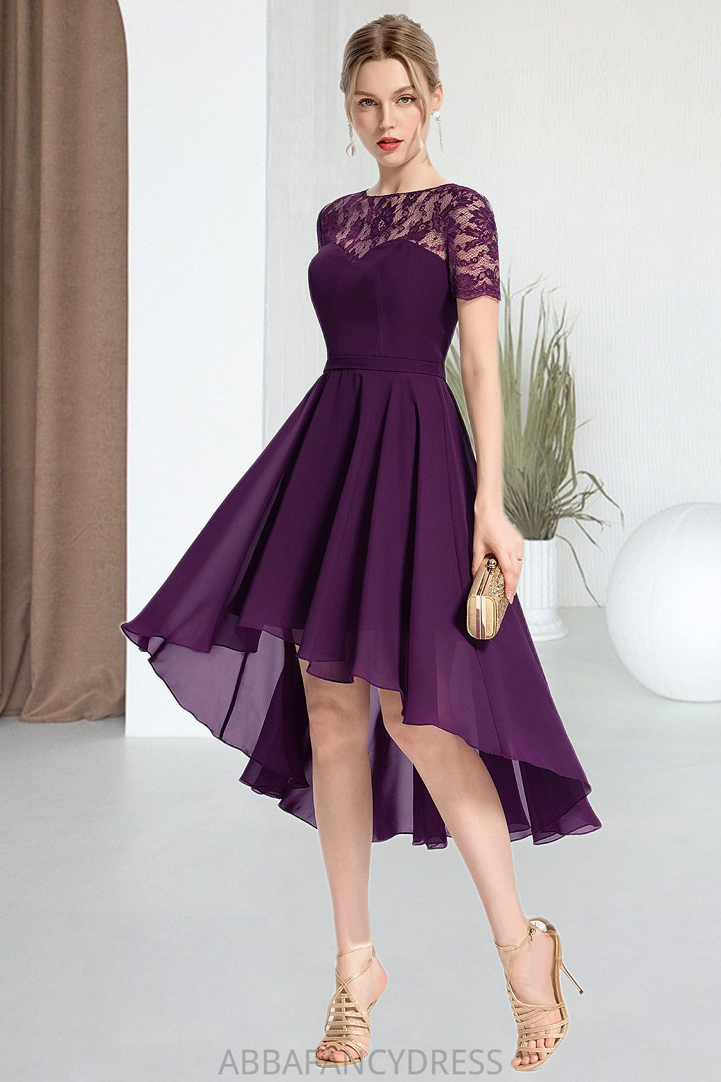 Aisha A-line Scoop Asymmetrical Chiffon Lace Homecoming Dress DRP0020587