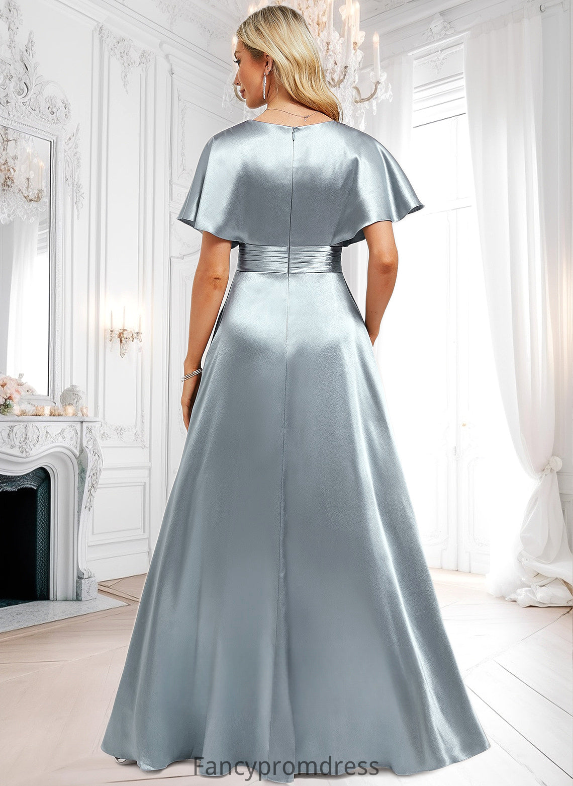 Camryn A-line V-Neck Floor-Length Stretch Satin Bridesmaid Dress With Ruffle DRP0025767