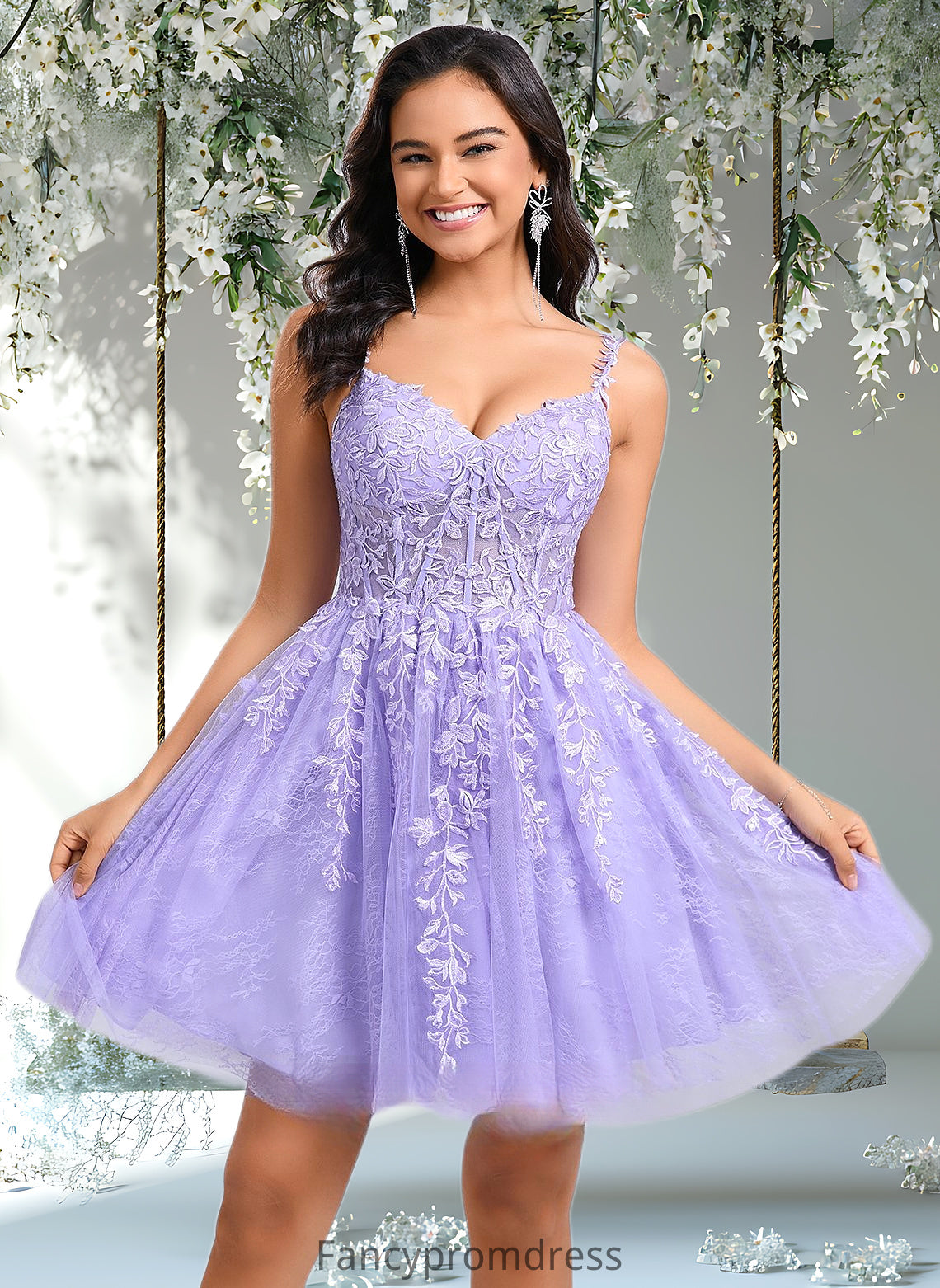 Rita A-line V-Neck Short Tulle Lace Homecoming Dress DRP0025640