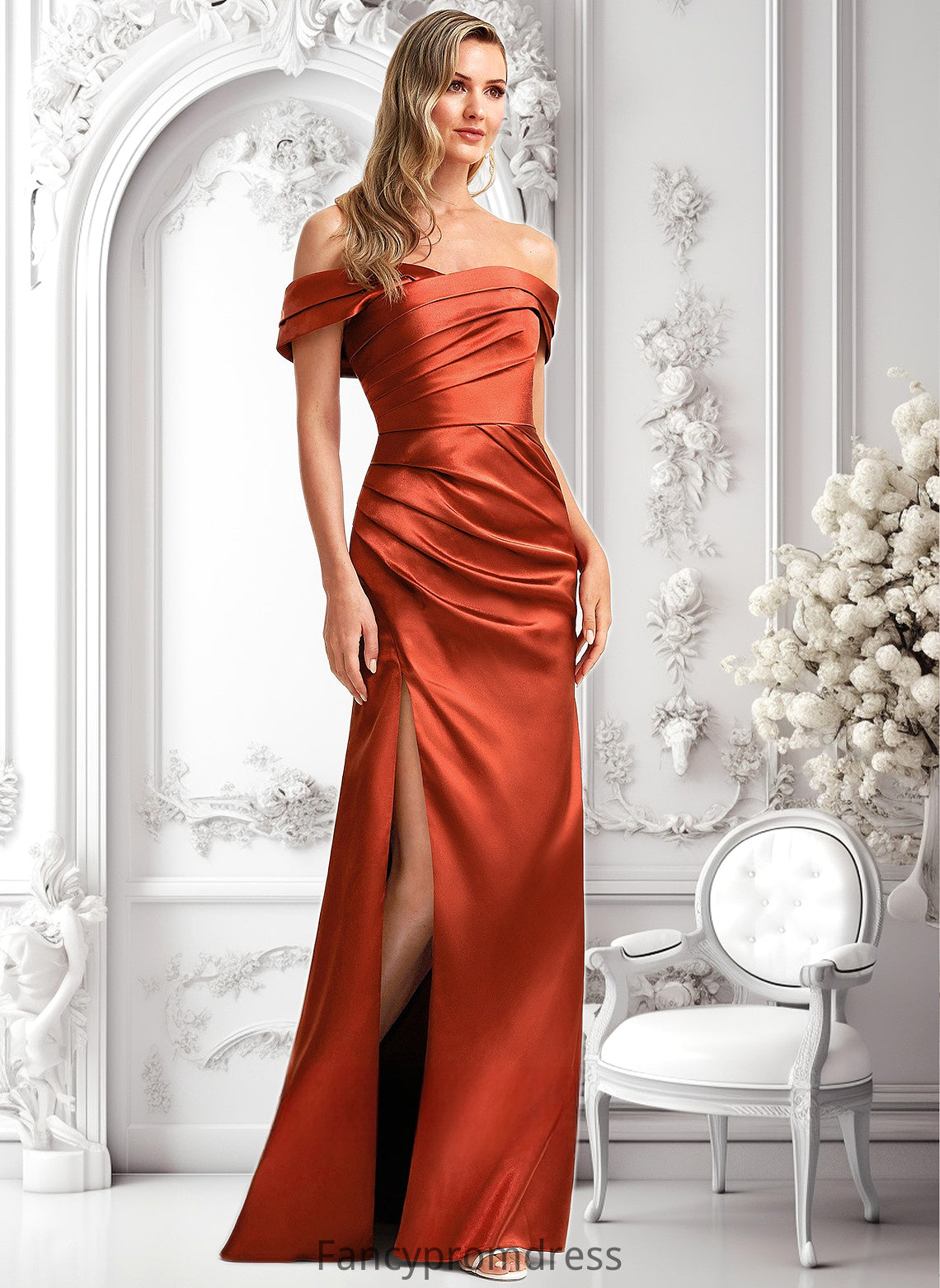 Melody A-line Off the Shoulder Floor-Length Stretch Satin Bridesmaid Dress DRP0025757