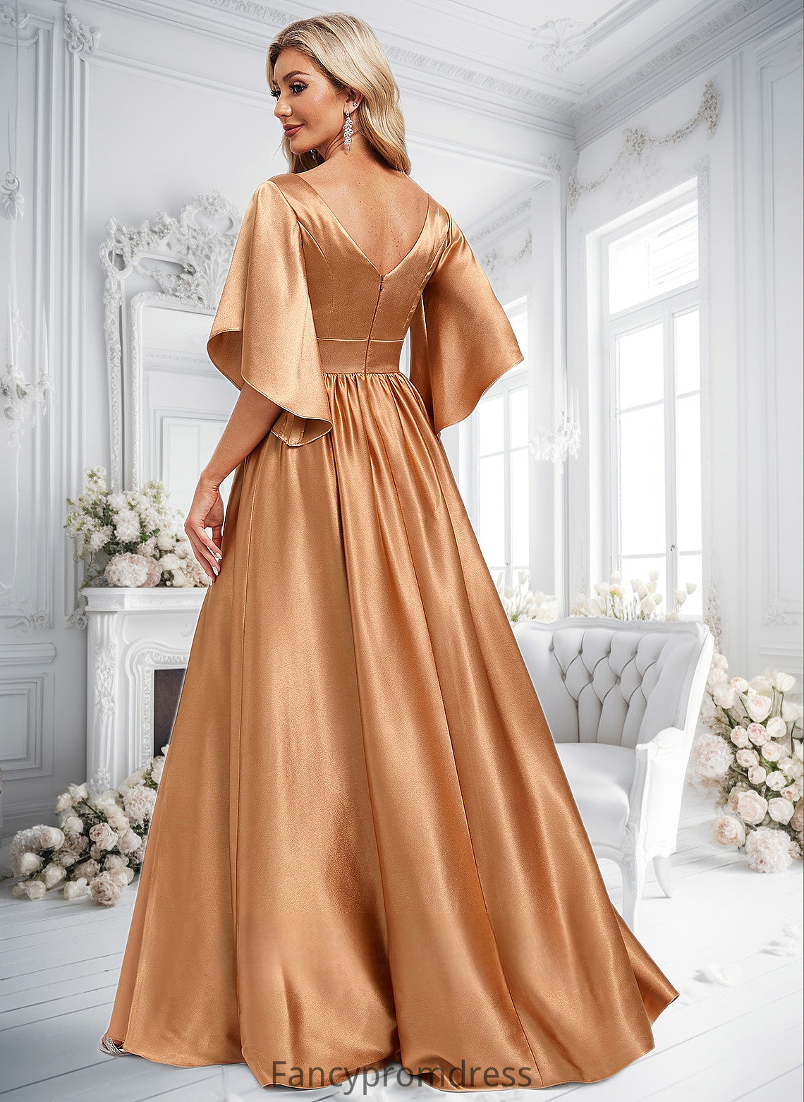 Angeline A-line V-Neck Floor-Length Stretch Satin Bridesmaid Dress DRP0025793