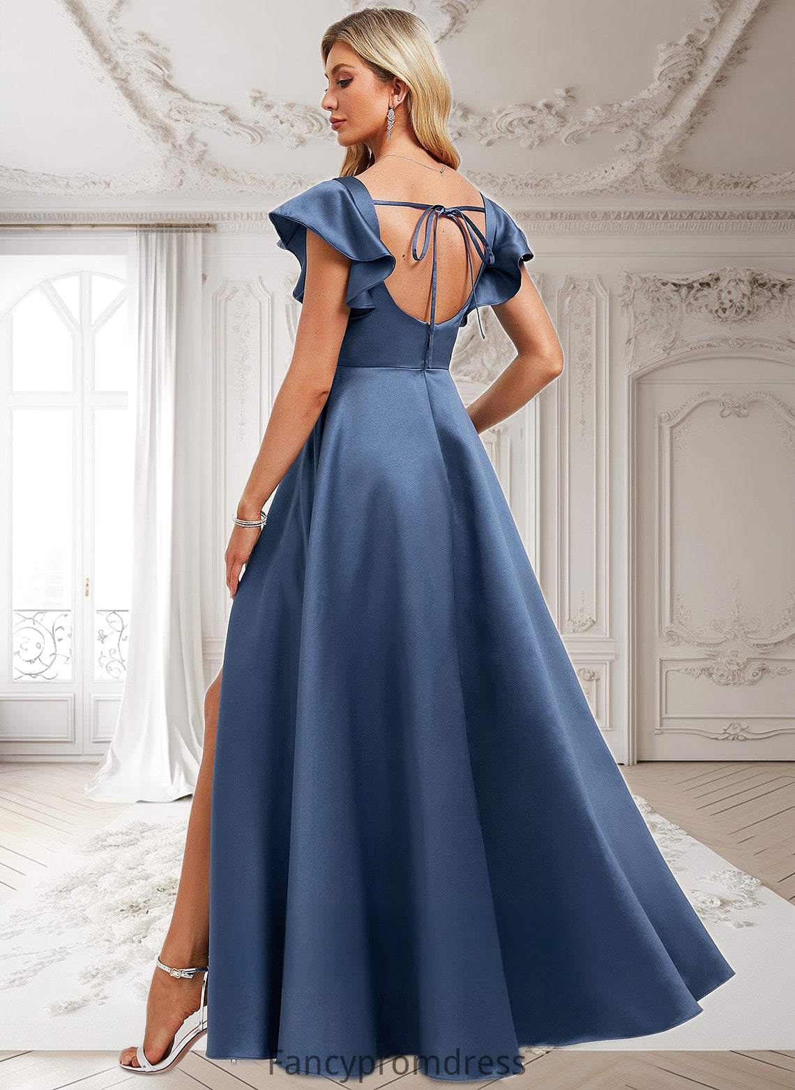 Kathryn A-line Square Floor-Length Satin Bridesmaid Dress With Ruffle DRP0025774