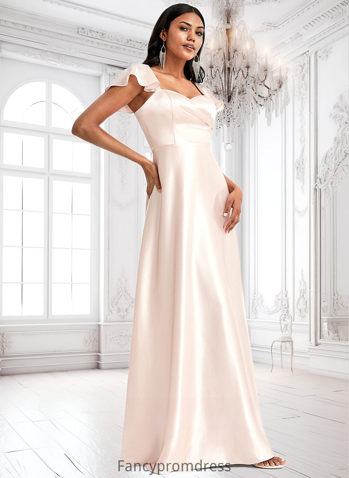 Stephanie A-line V-Neck Floor-Length Stretch Satin Bridesmaid Dress With Bow DRP0025759