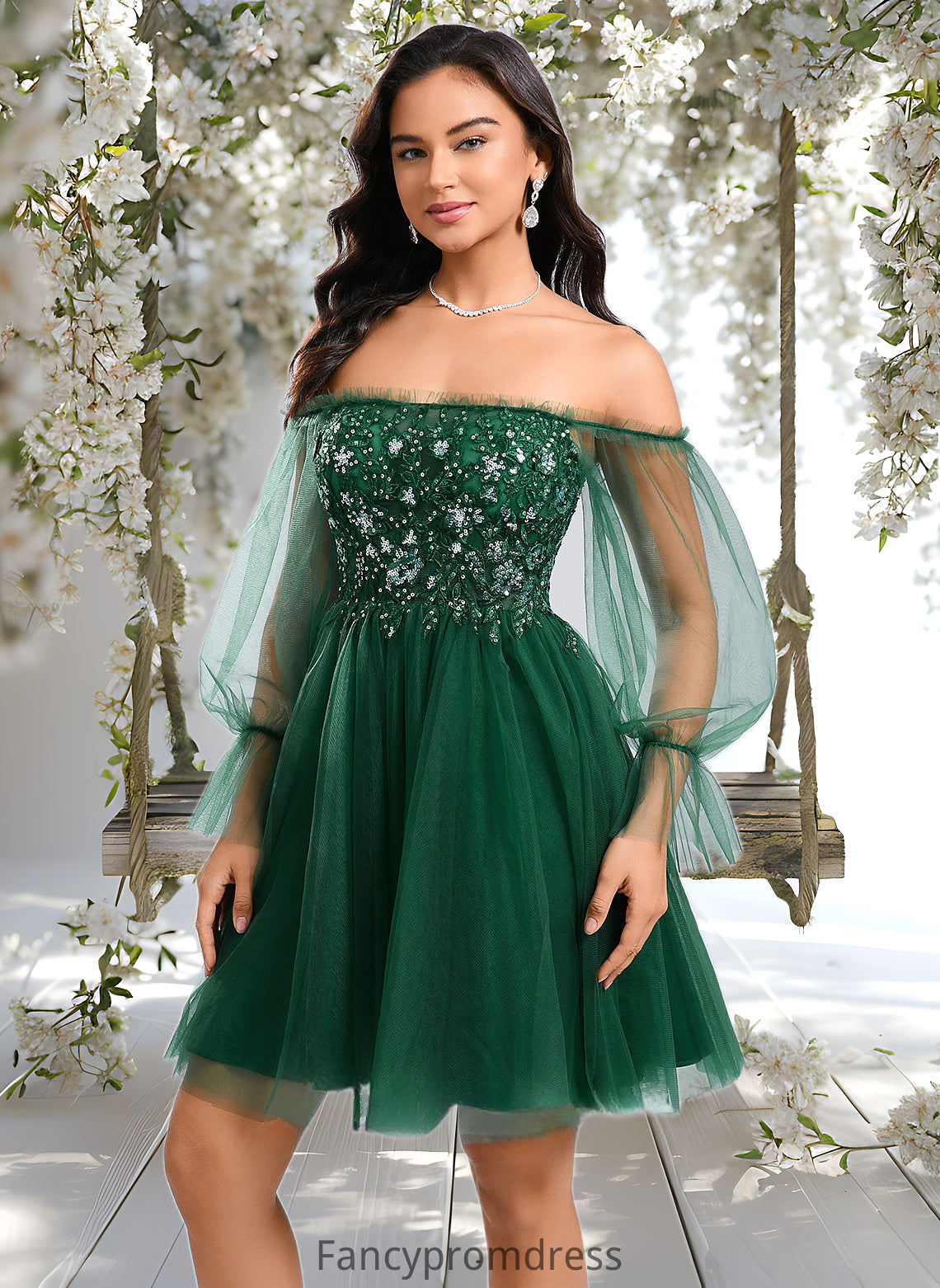 LuLu A-line Off the Shoulder Short Tulle Homecoming Dress With Sequins Appliques Lace DRP0025663