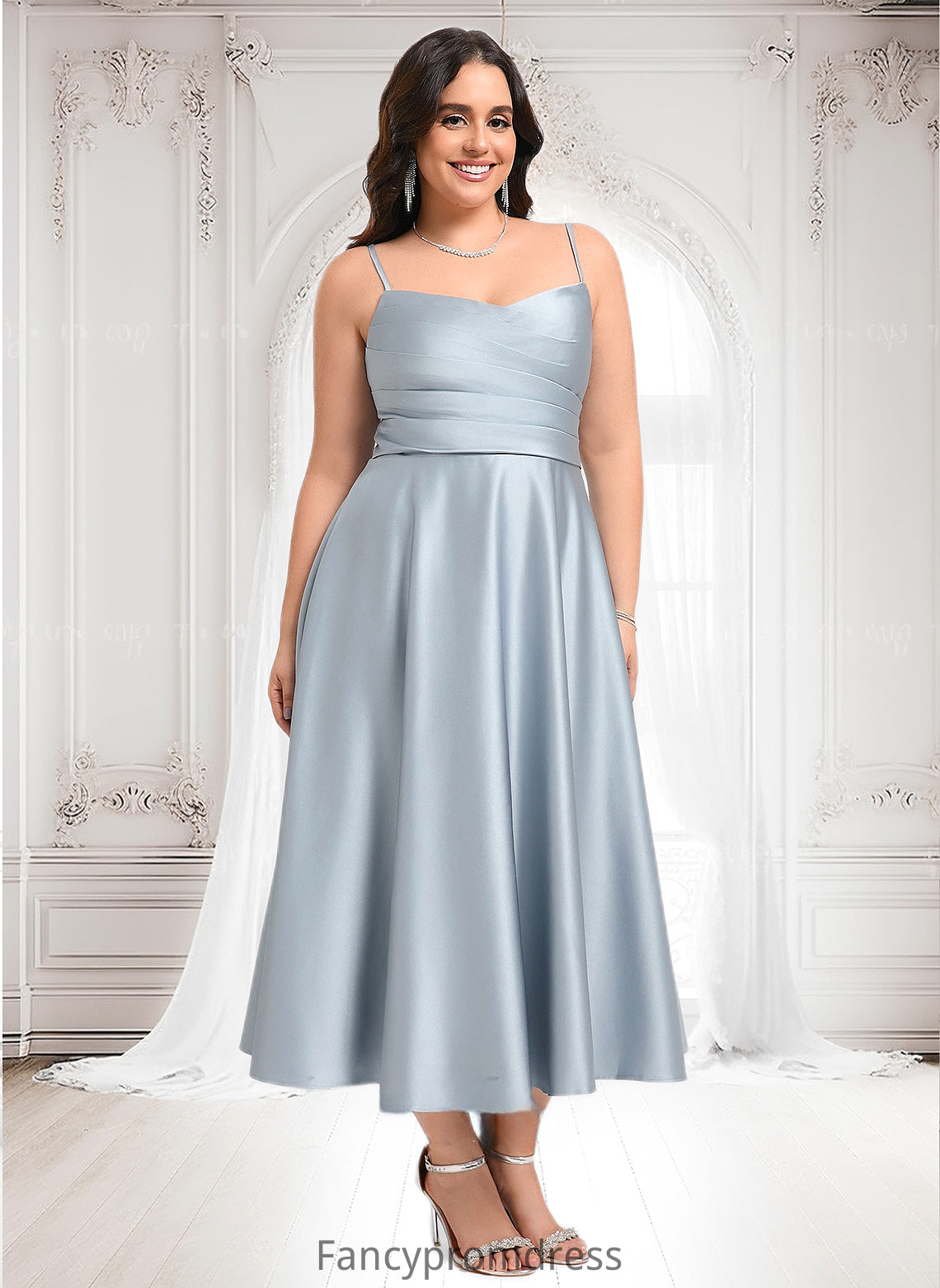 Karina A-line V-Neck Tea-Length Satin Bridesmaid Dress DRP0025794