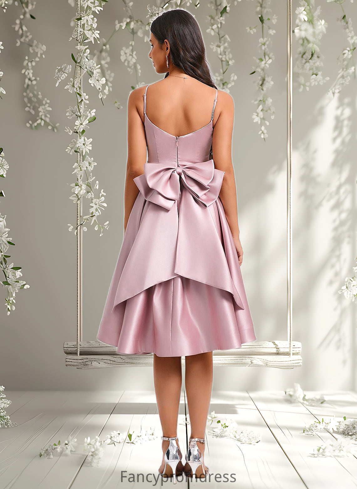 Jade A-line V-Neck Asymmetrical Satin Homecoming Dress With Bow Pleated DRP0025699