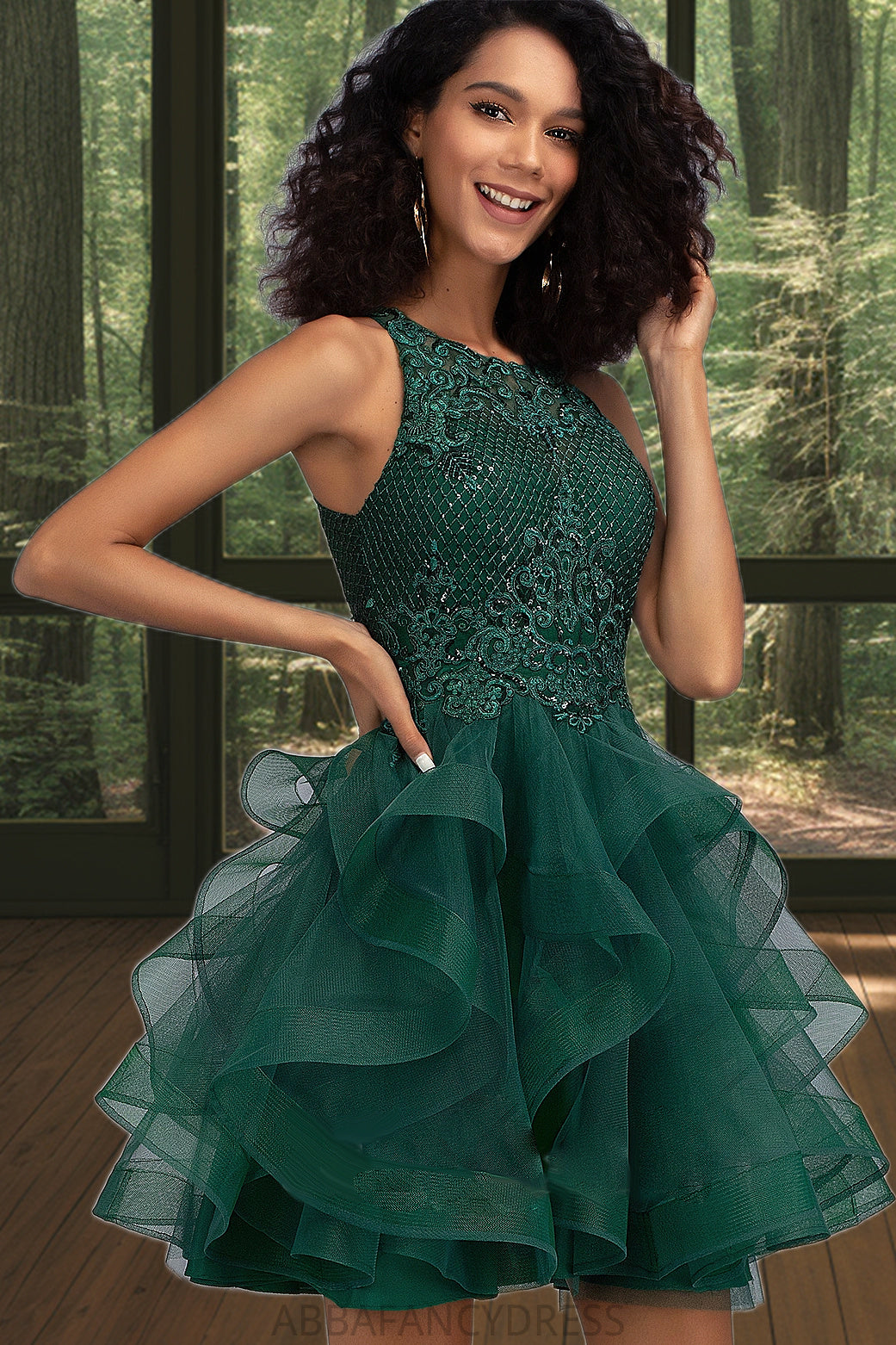 Annika Ball-Gown/Princess Scoop Short/Mini Lace Tulle Homecoming Dress With Sequins DRP0020537