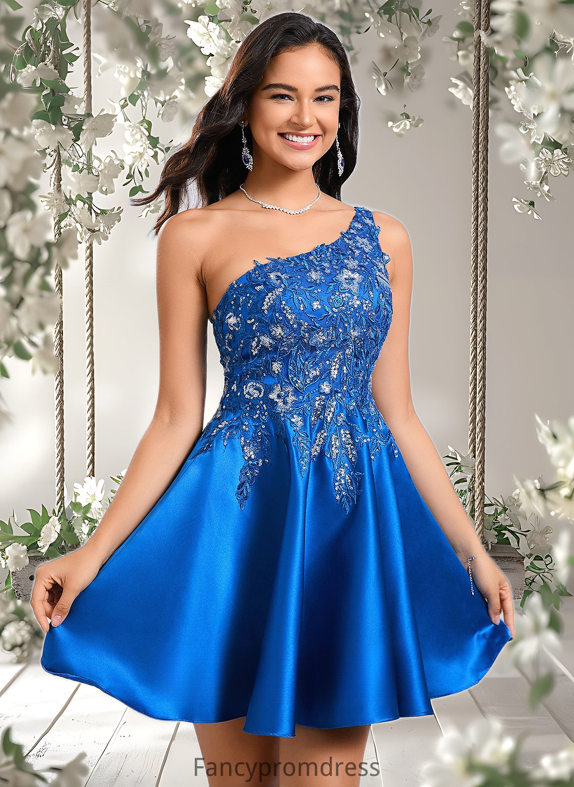 Mikayla A-line One Shoulder Short Satin Homecoming Dress With Appliques Lace Sequins DRP0025657