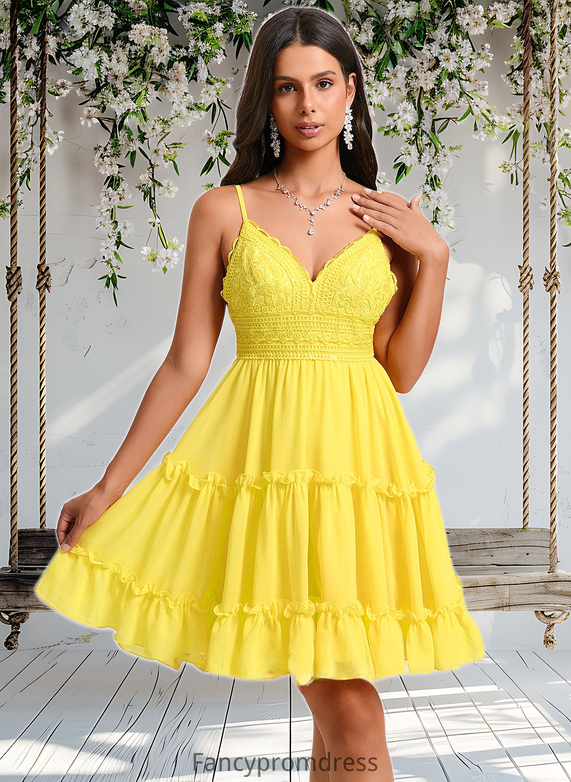 Nadine A-line V-Neck Short Chiffon Homecoming Dress With Ruffle Sequins DRP0025700