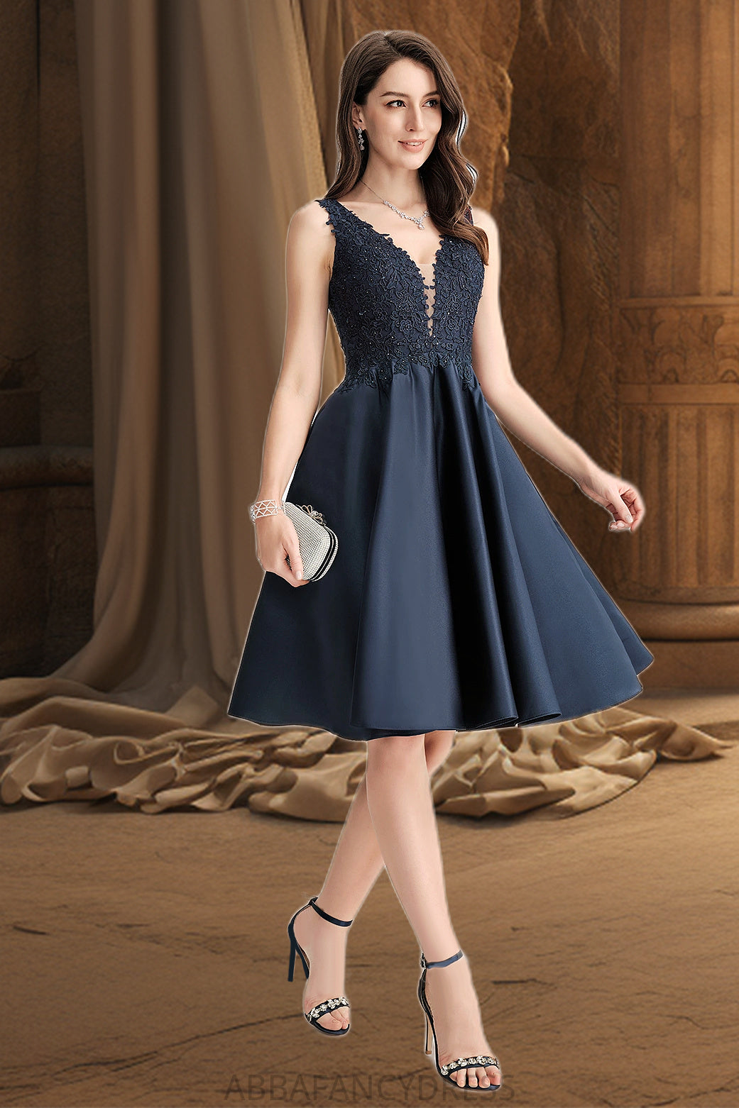 Mckinley A-line V-Neck Knee-Length Lace Satin Homecoming Dress With Beading DRP0020517