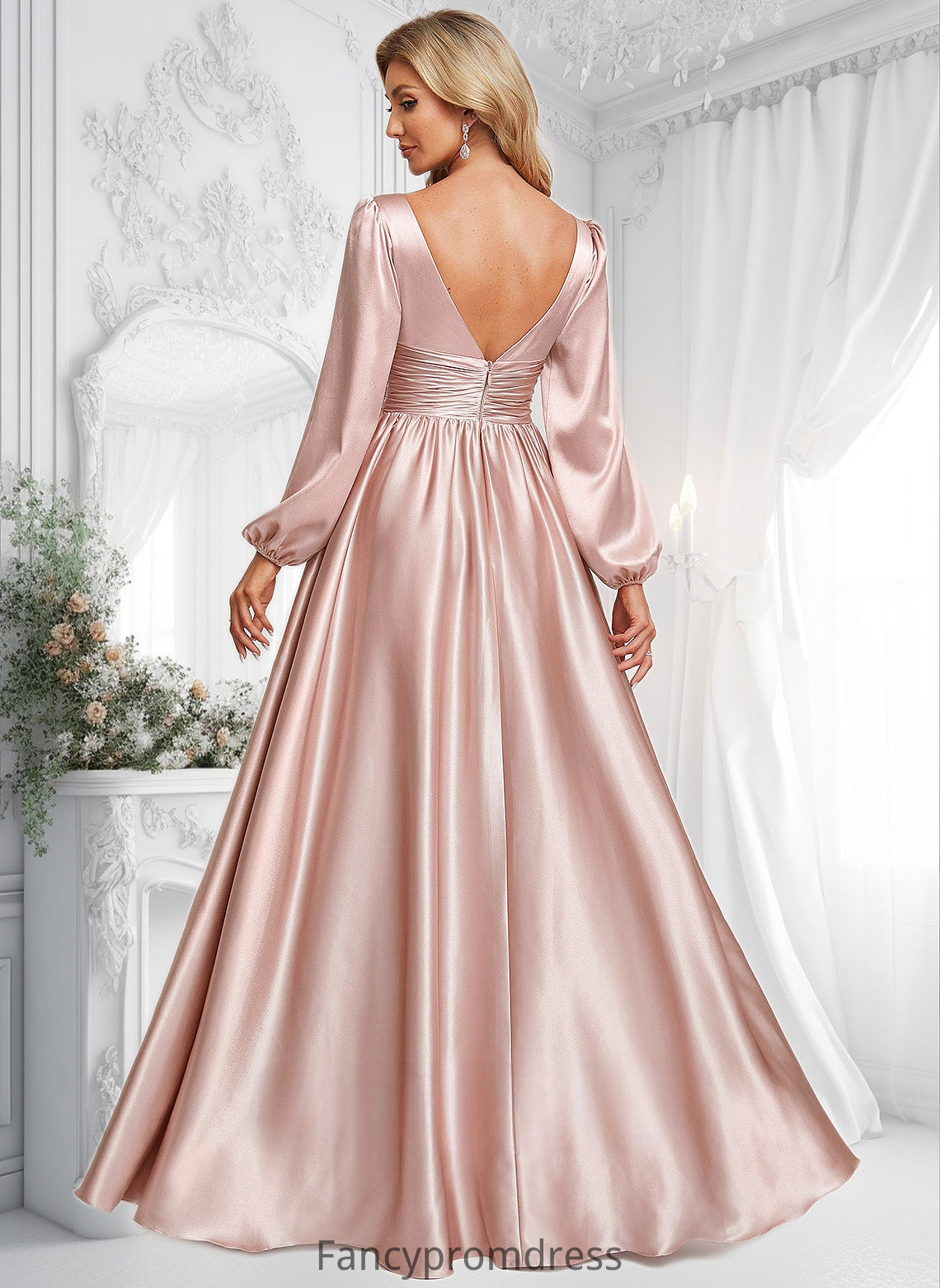 Robin A-line V-Neck Floor-Length Stretch Satin Prom Dresses DRP0025880