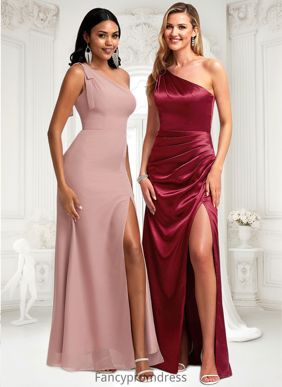 Tina A-line One Shoulder Floor-Length Stretch Satin Bridesmaid Dress With Bow DRP0025758