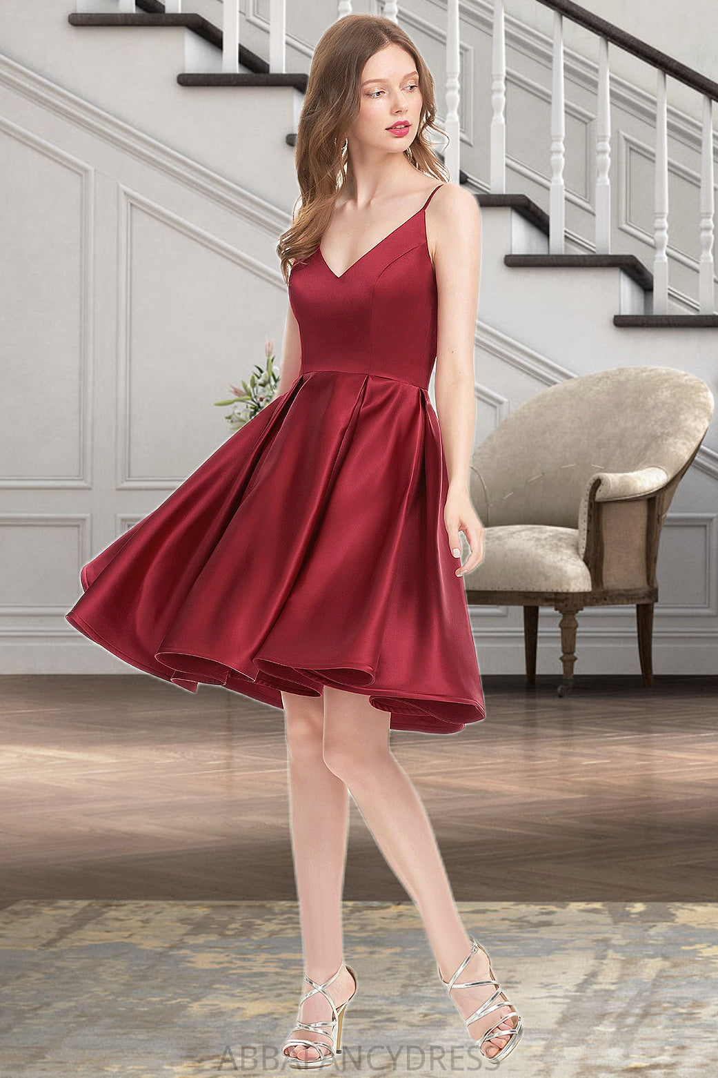 Laci A-line V-Neck Short/Mini Satin Homecoming Dress DRP0020542