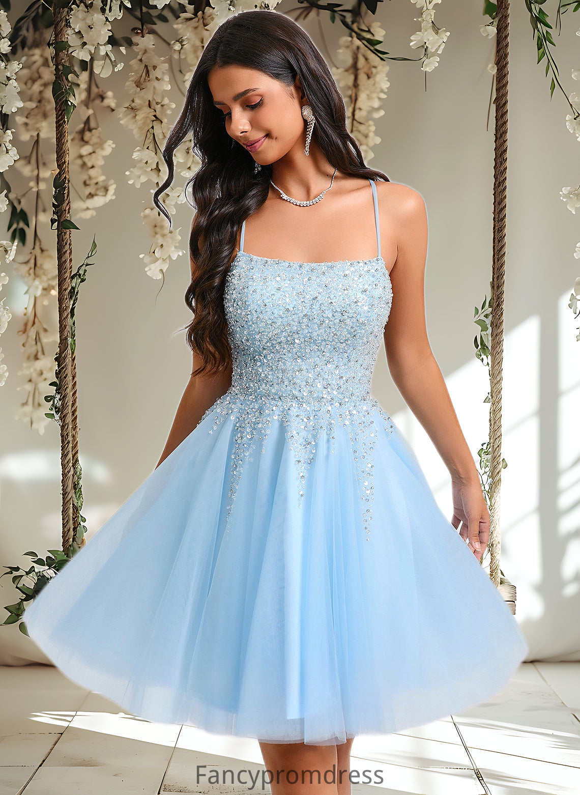 Mildred A-line Scoop Short Tulle Sequin Homecoming Dress With Sequins Beading DRP0025706